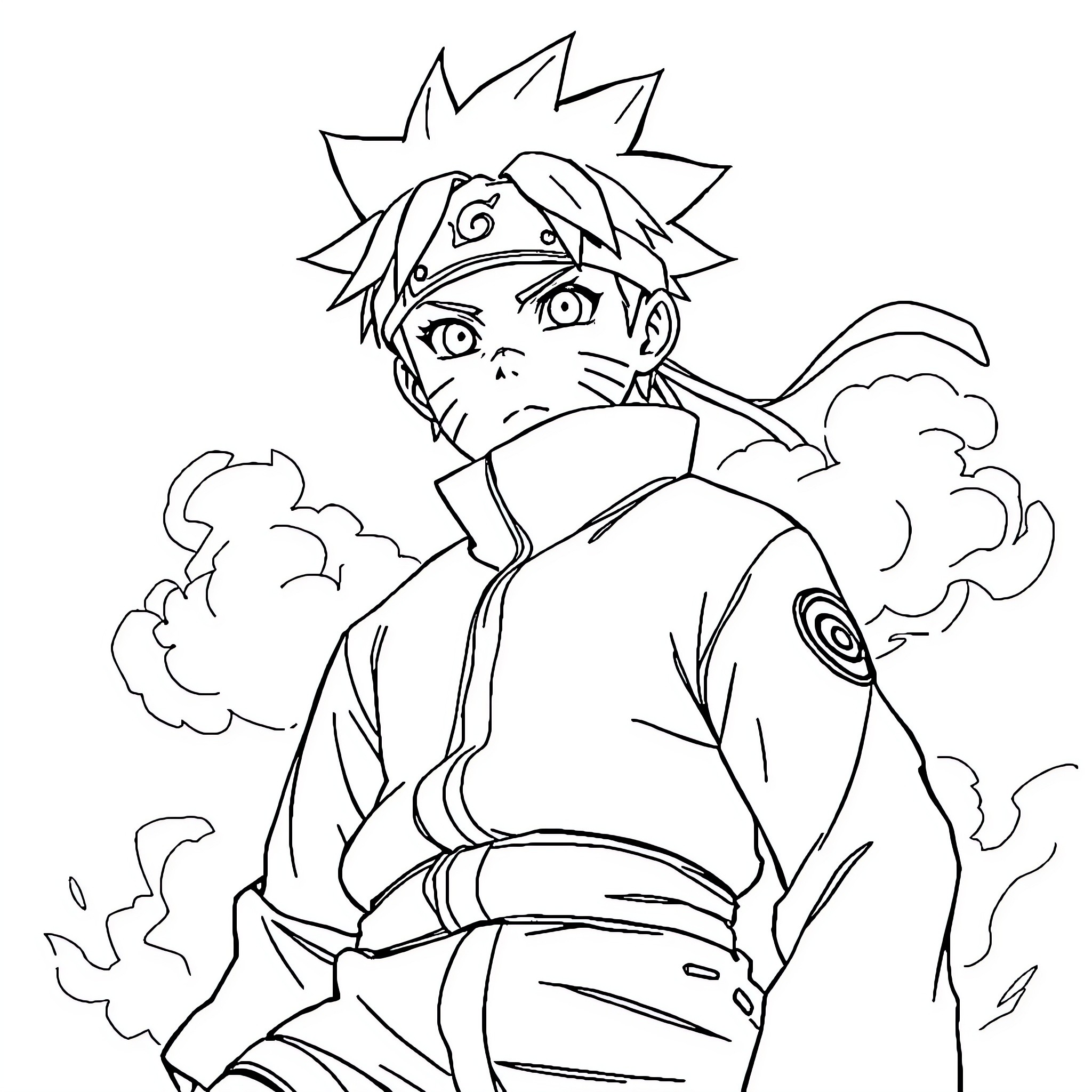 Naruto Unleashing Powerful Ninja Techniques Coloring Page (free black-and-white line drawing printable PDF for all, from beginners to advanced learners, including children, teens, adults, and seniors)