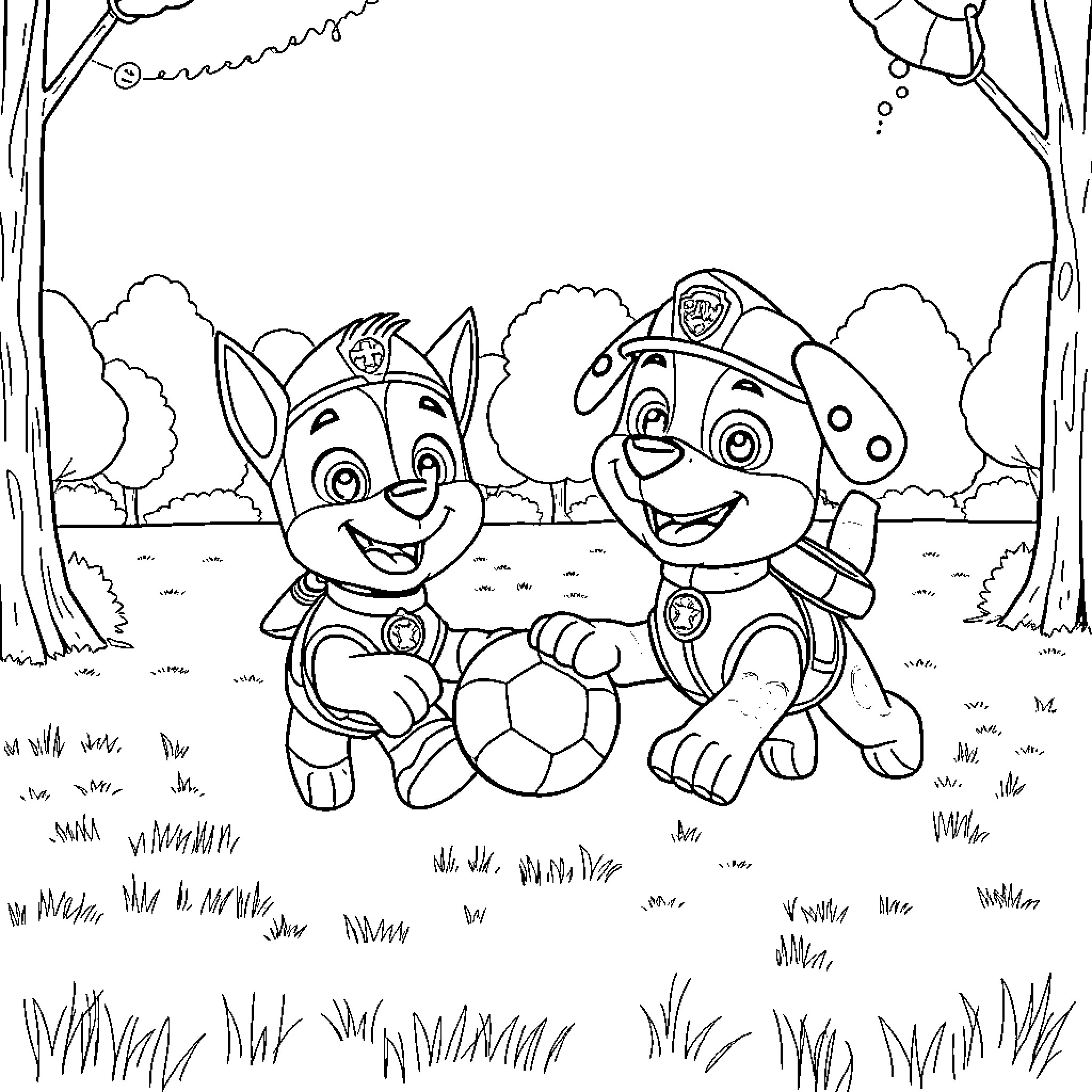 Paw Patrol puppies playing with soccer ball in the woods Coloring Page (free black-and-white line drawing printable PDF for all, from beginners to advanced learners, including children, teens, adults, and seniors)