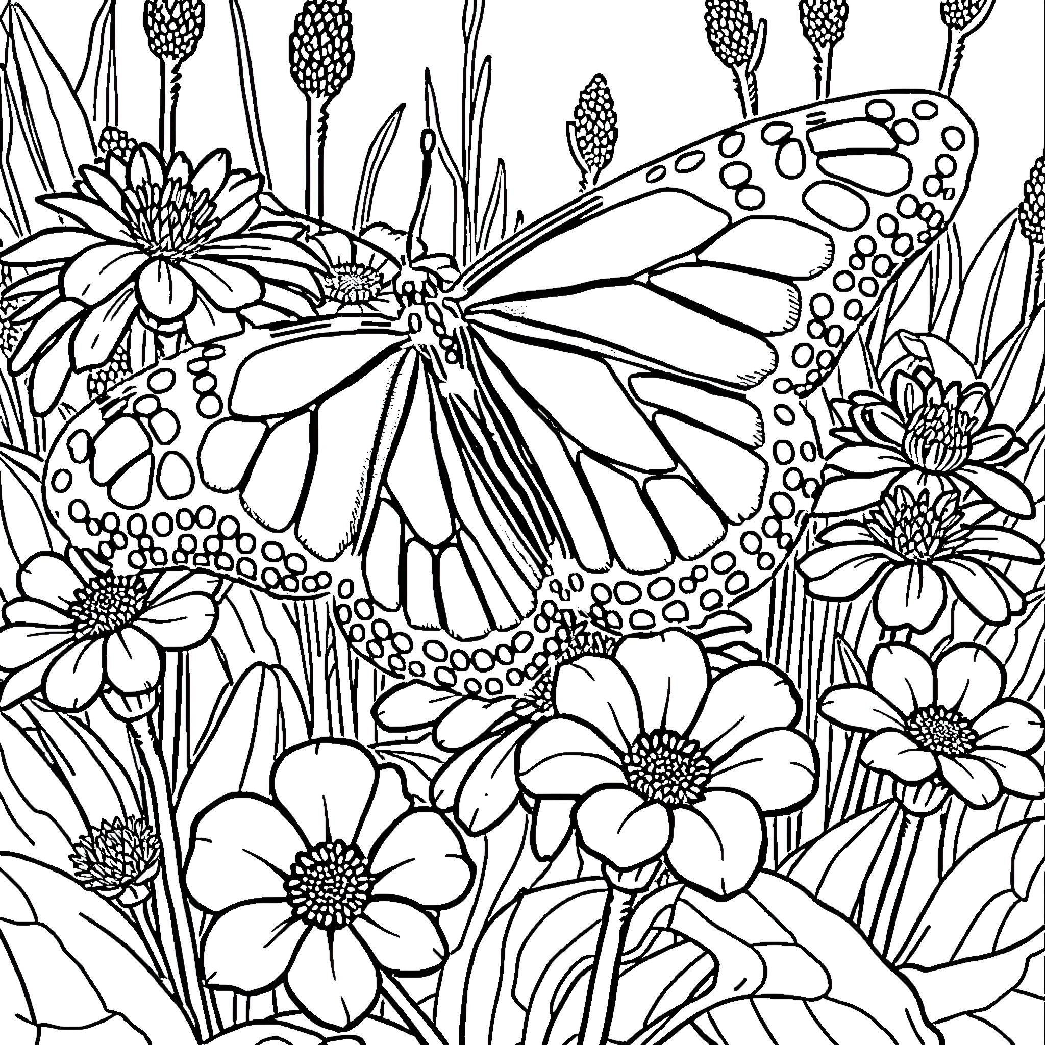 Butterfly amid vibrant floral garden Coloring Page (free black-and-white line drawing printable PDF for all, from beginners to advanced learners, including children, teens, adults, and seniors)