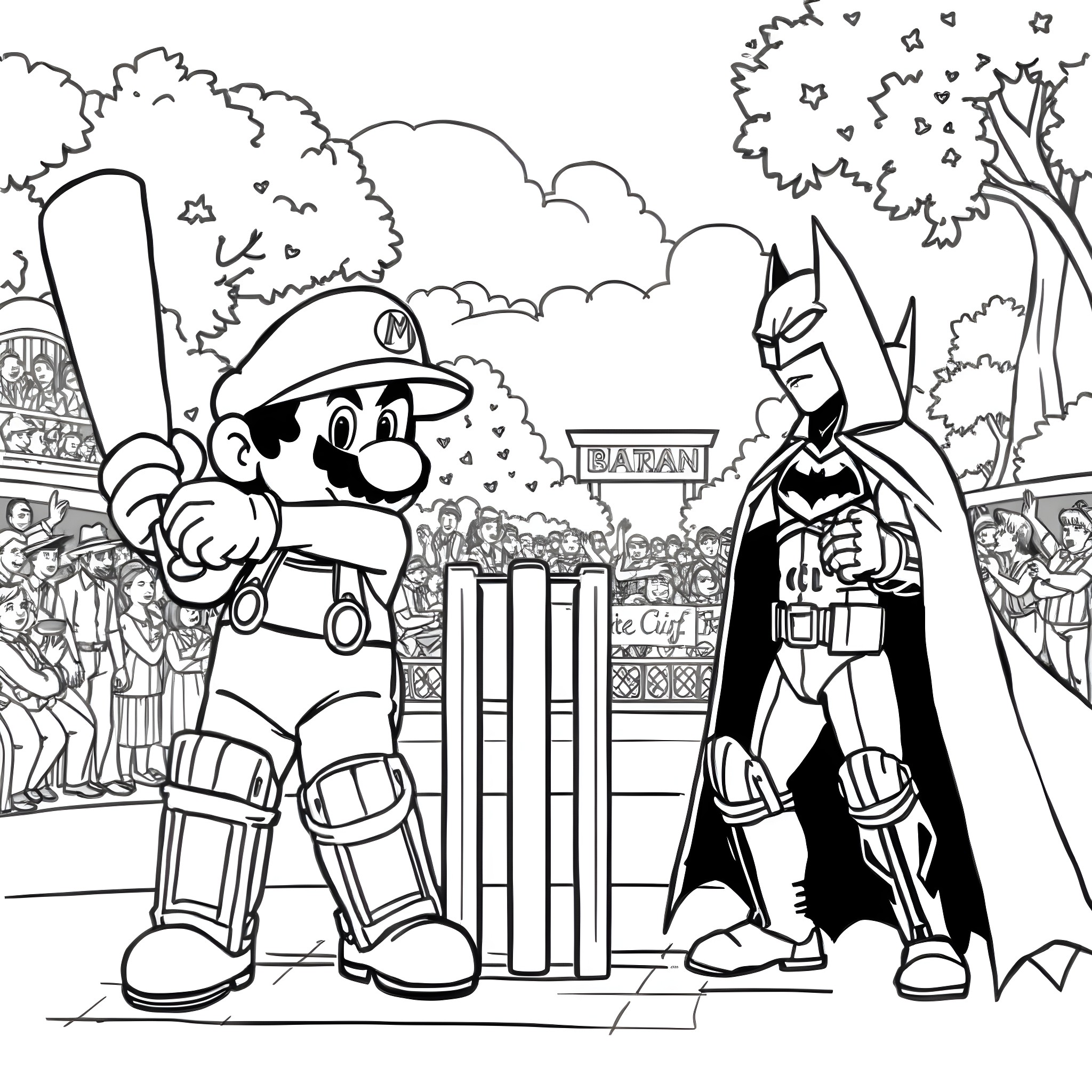 Mario and Batman playing cricket in the park Coloring Page (free black-and-white line drawing printable PDF for all, from beginners to advanced learners, including children, teens, adults, and seniors)