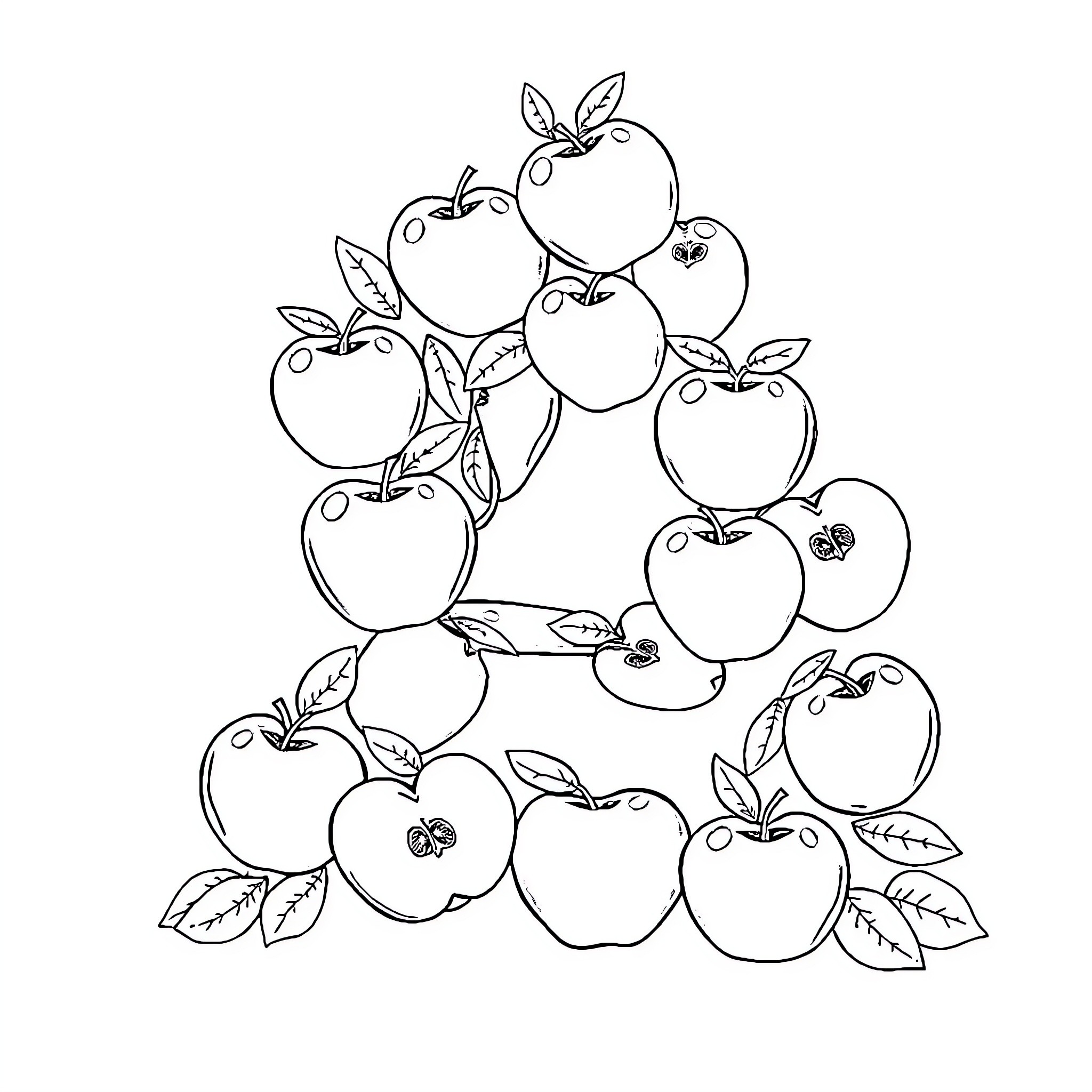 Alphabet A: Apples with leaves and branches Coloring Page (free black-and-white line drawing printable PDF for all, from beginners to advanced learners, including children, teens, adults, and seniors)