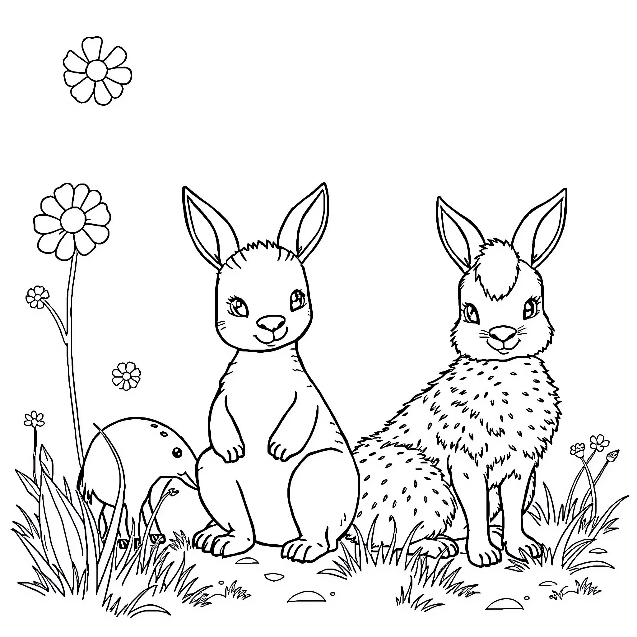 Farm Animals enjoying the meadow Coloring Page (free black-and-white line drawing printable PDF for all, from beginners to advanced learners, including children, teens, adults, and seniors)