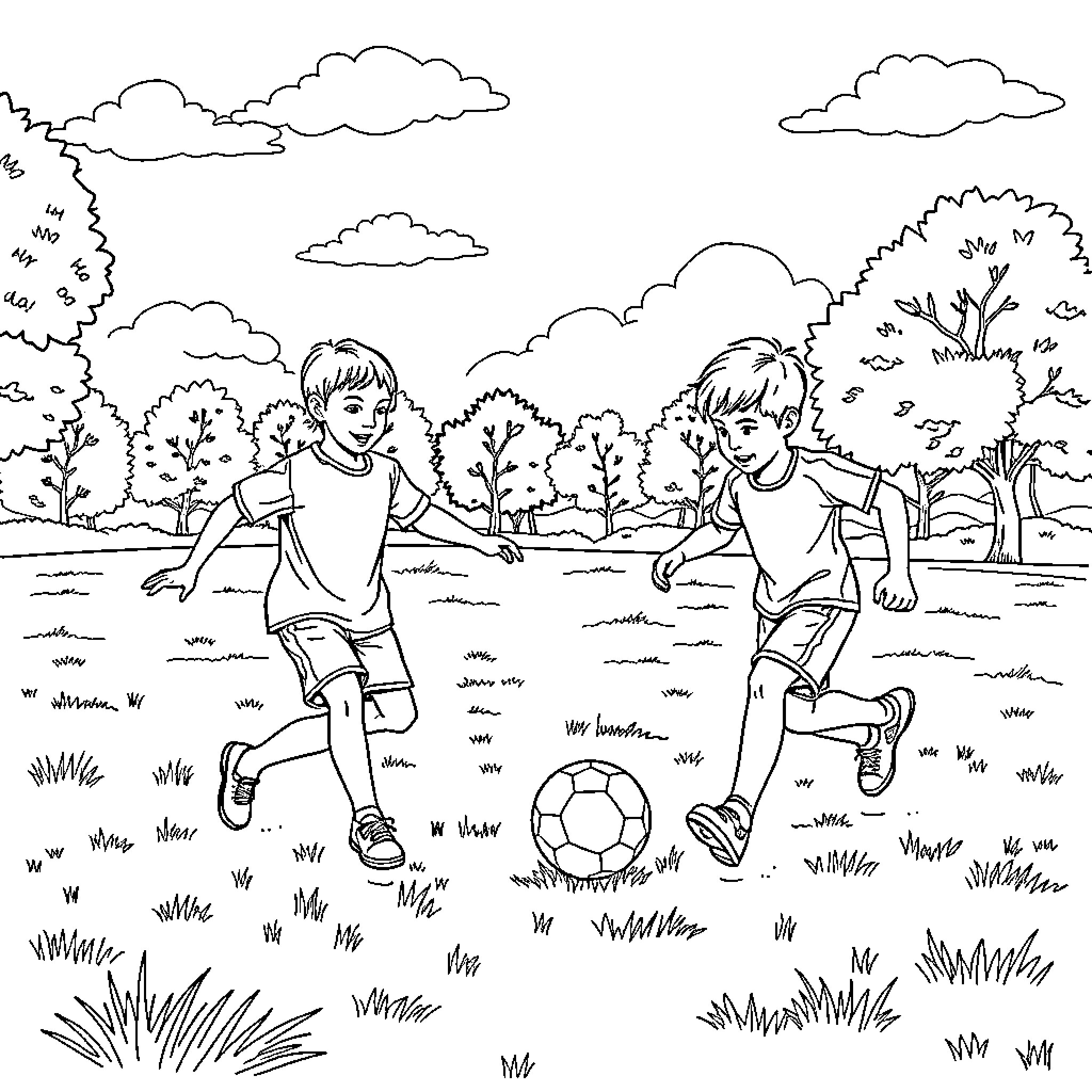 Boys playing soccer in a park Coloring Page (free black-and-white line drawing printable PDF for all, from beginners to advanced learners, including children, teens, adults, and seniors)