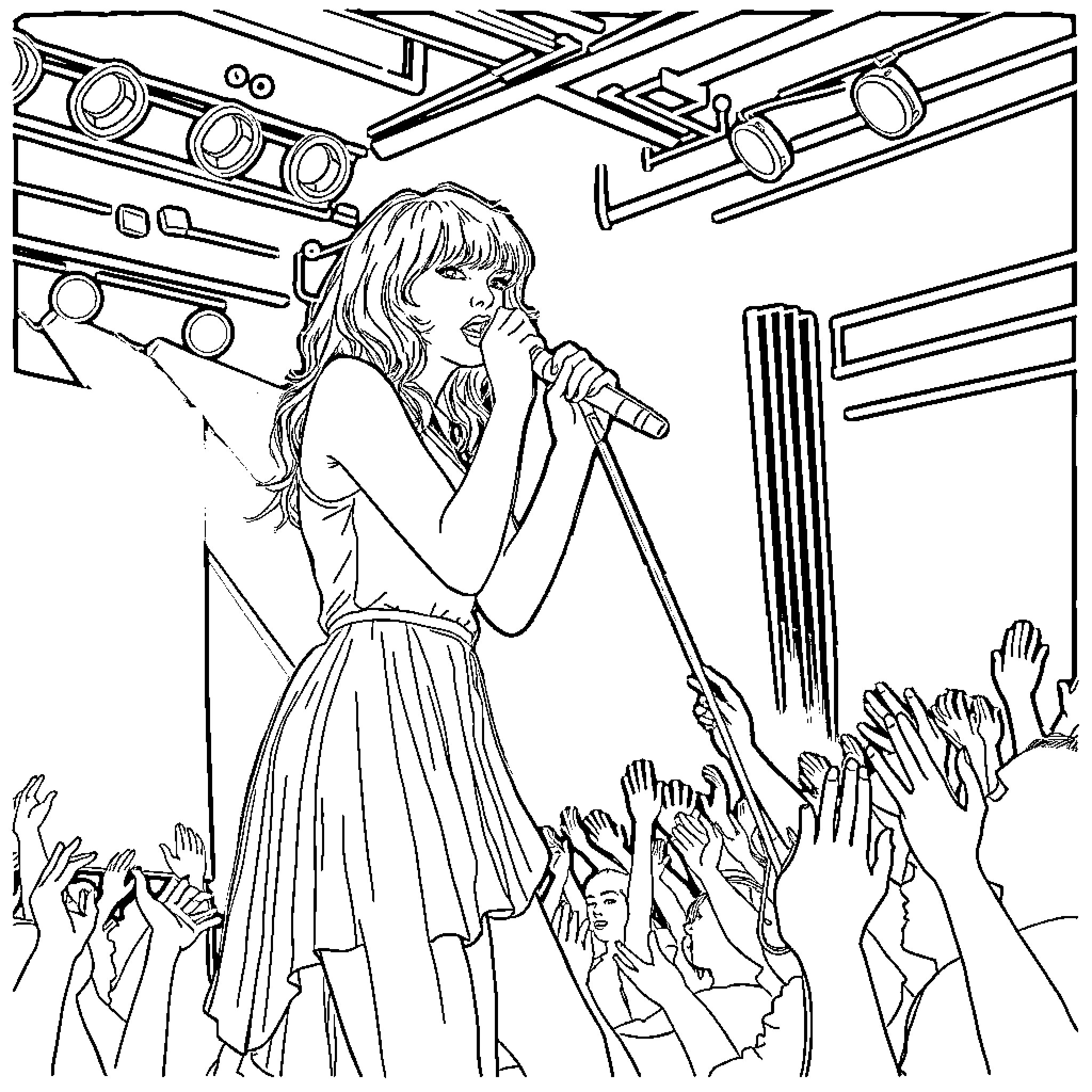 Taylor Swift performing on stage with crowd Coloring Page (free black-and-white line drawing printable PDF for all, from beginners to advanced learners, including children, teens, adults, and seniors)