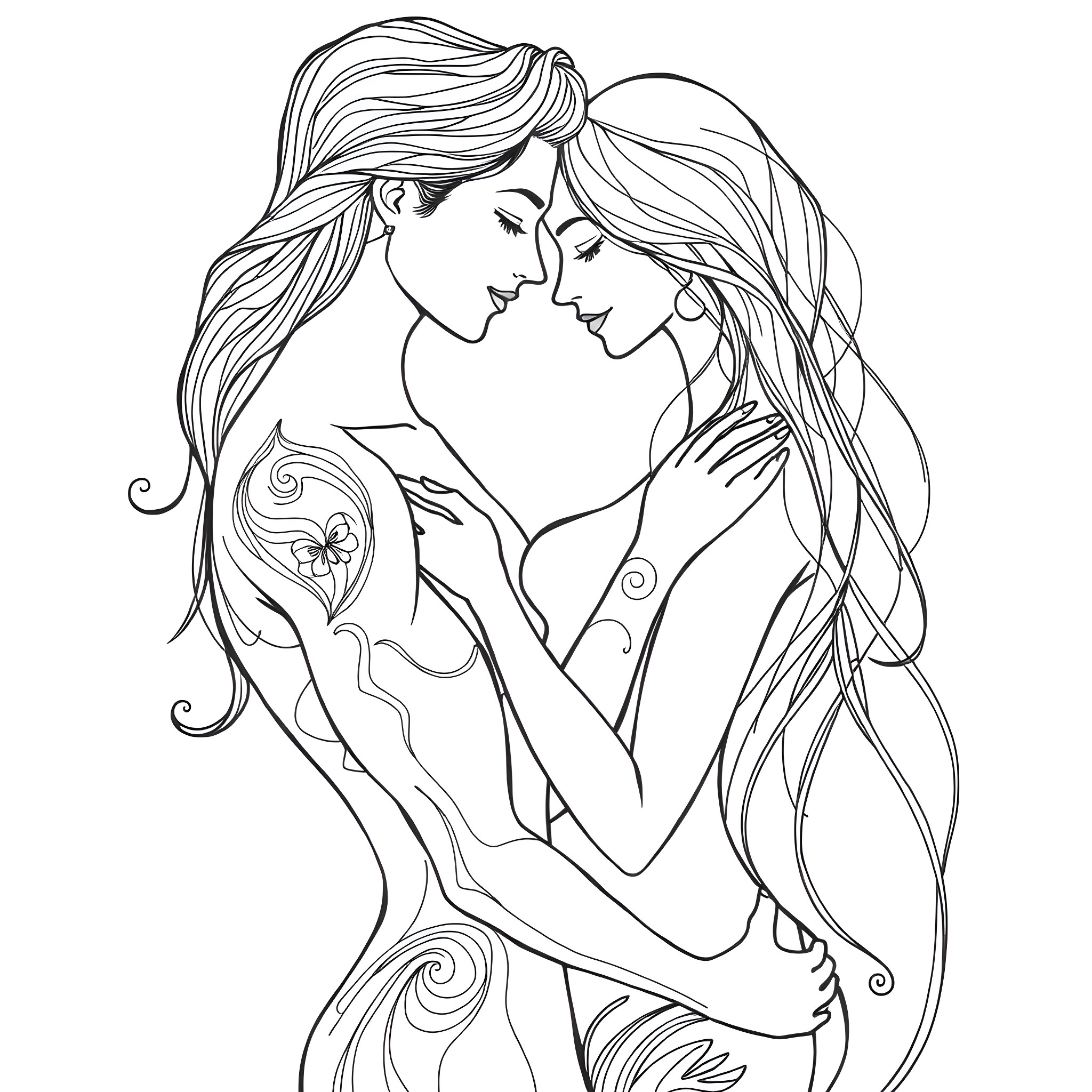 Adult romantic female figures embracing Coloring Page (free black-and-white line drawing printable PDF for all, from beginners to advanced learners, including children, teens, adults, and seniors)