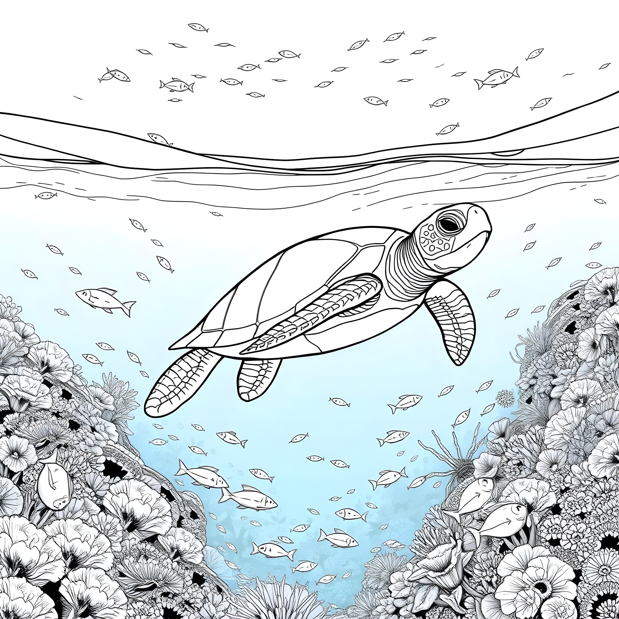 Turtle swimming among fish and coral reef Coloring Page (free black-and-white line drawing printable PDF for all, from beginners to advanced learners, including children, teens, adults, and seniors)