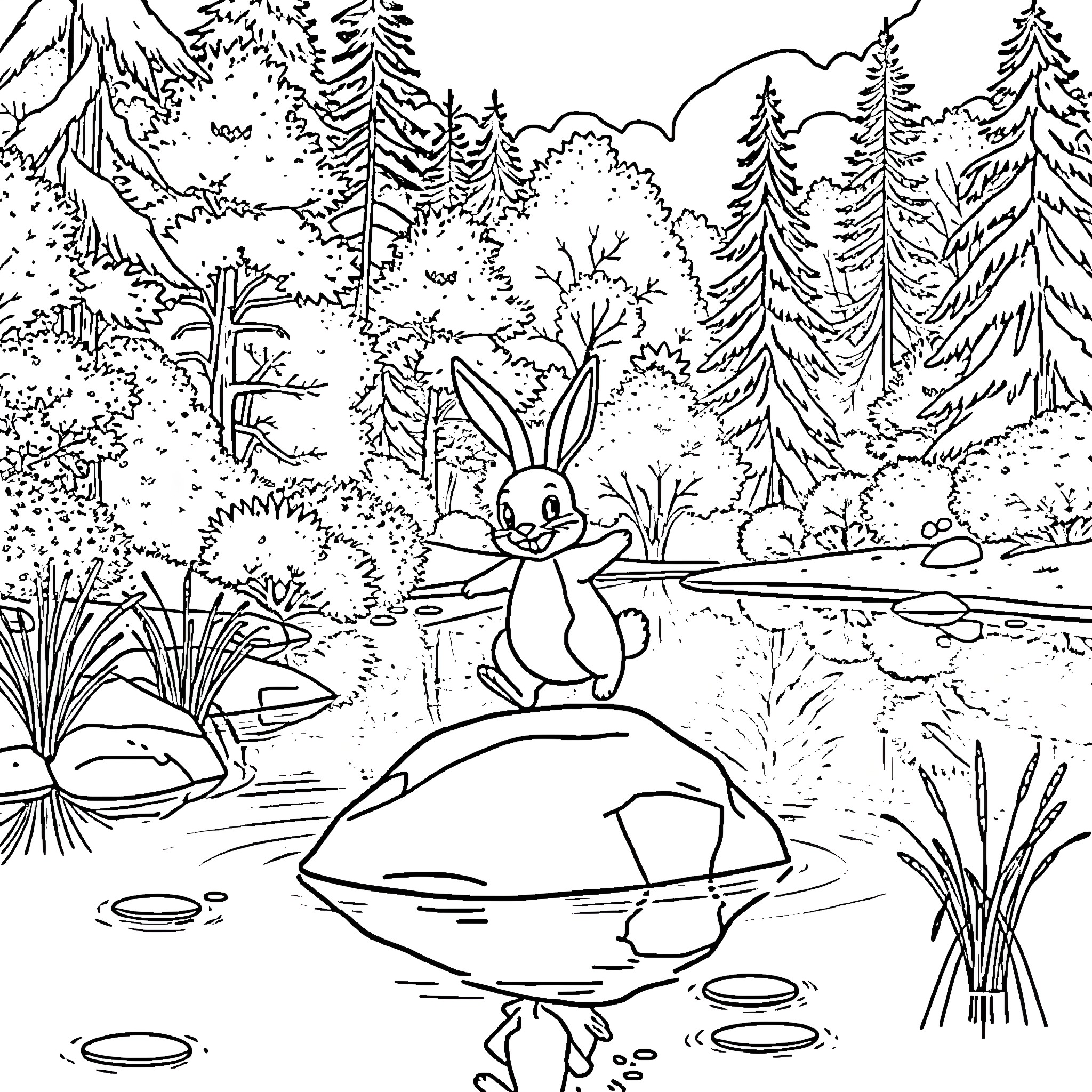 Bunny enjoying a peaceful forest scene Coloring Page (free black-and-white line drawing printable PDF for all, from beginners to advanced learners, including children, teens, adults, and seniors)