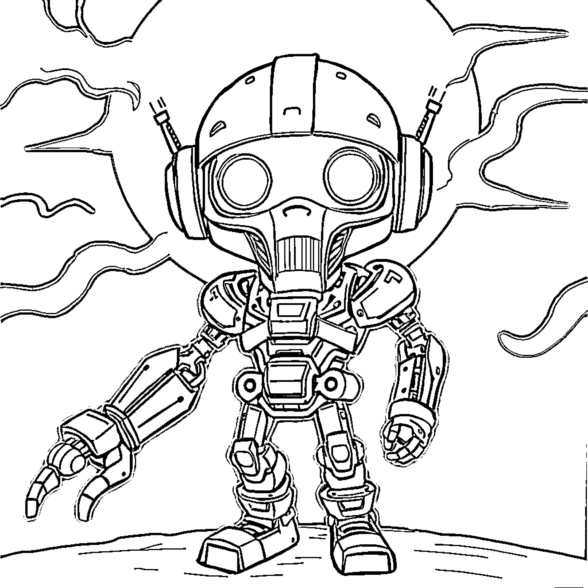 Cyborg robot exploring the unknown Coloring Page (free black-and-white line drawing printable PDF for all, from beginners to advanced learners, including children, teens, adults, and seniors)