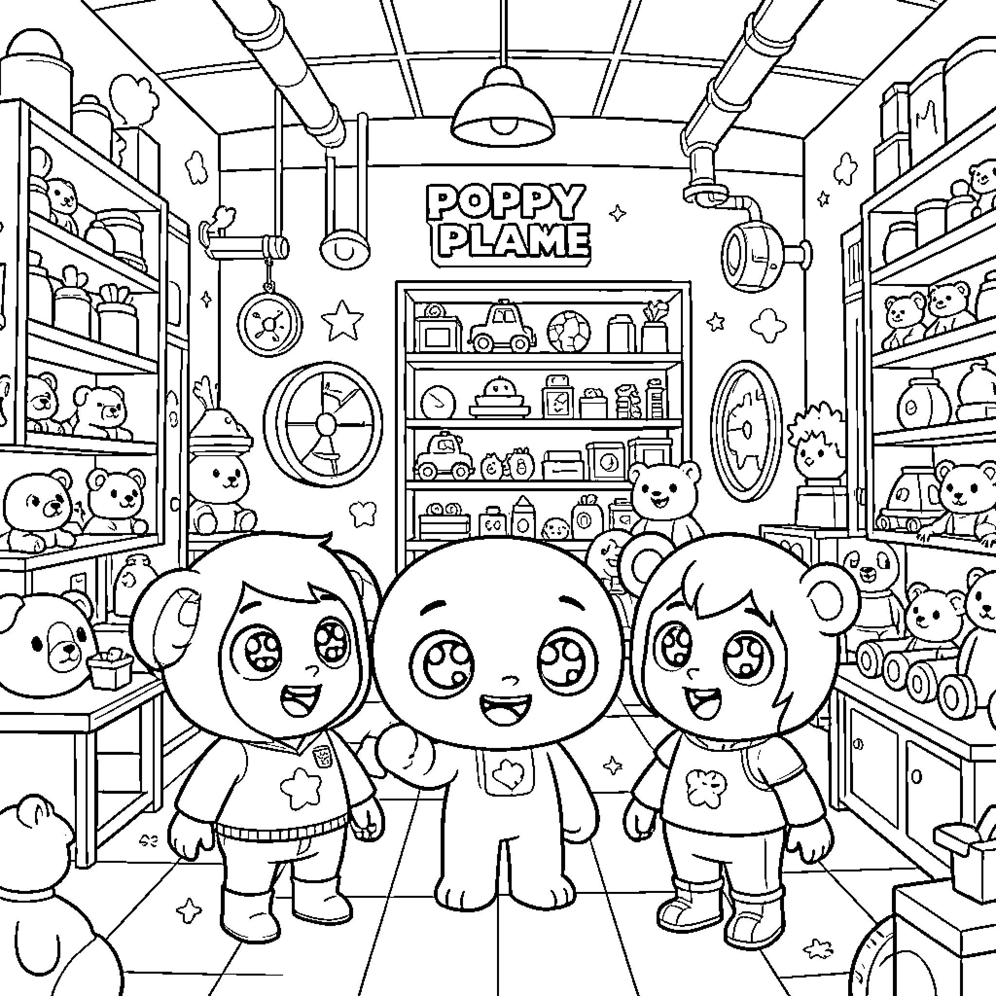 Poppyplaytime characters exploring a whimsical toy shop Coloring Page (free black-and-white line drawing printable PDF for all, from beginners to advanced learners, including children, teens, adults, and seniors)