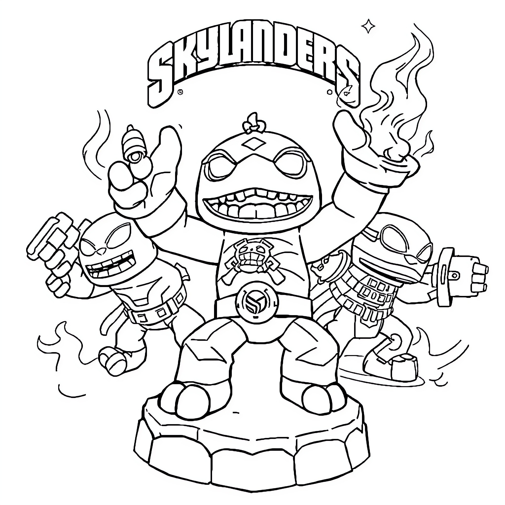 Skylanders characters in action poses Coloring Page (free black-and-white line drawing printable PDF for all, from beginners to advanced learners, including children, teens, adults, and seniors)