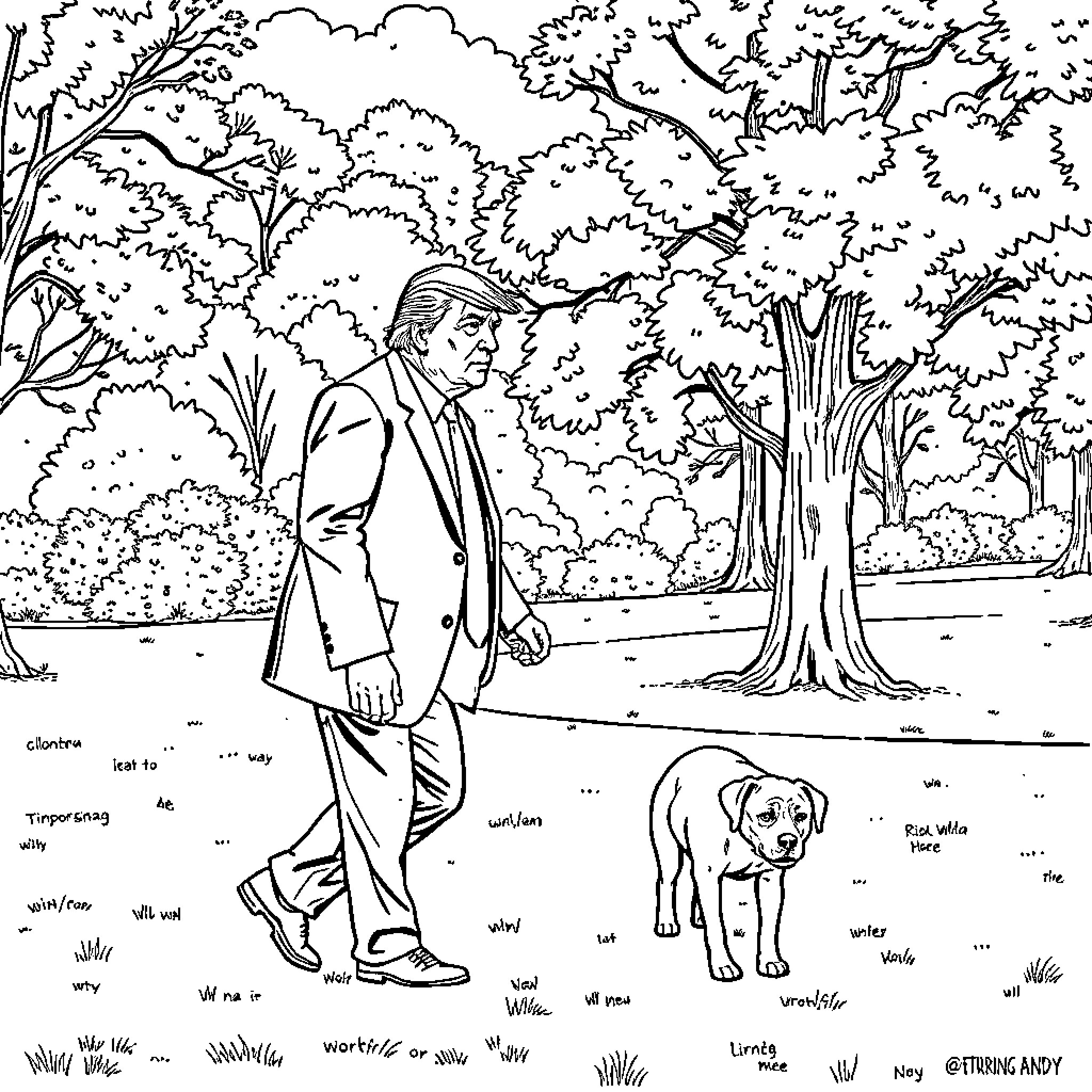 Trump taking a casual stroll with his dog in the park Coloring Page (free black-and-white line drawing printable PDF for all, from beginners to advanced learners, including children, teens, adults, and seniors)