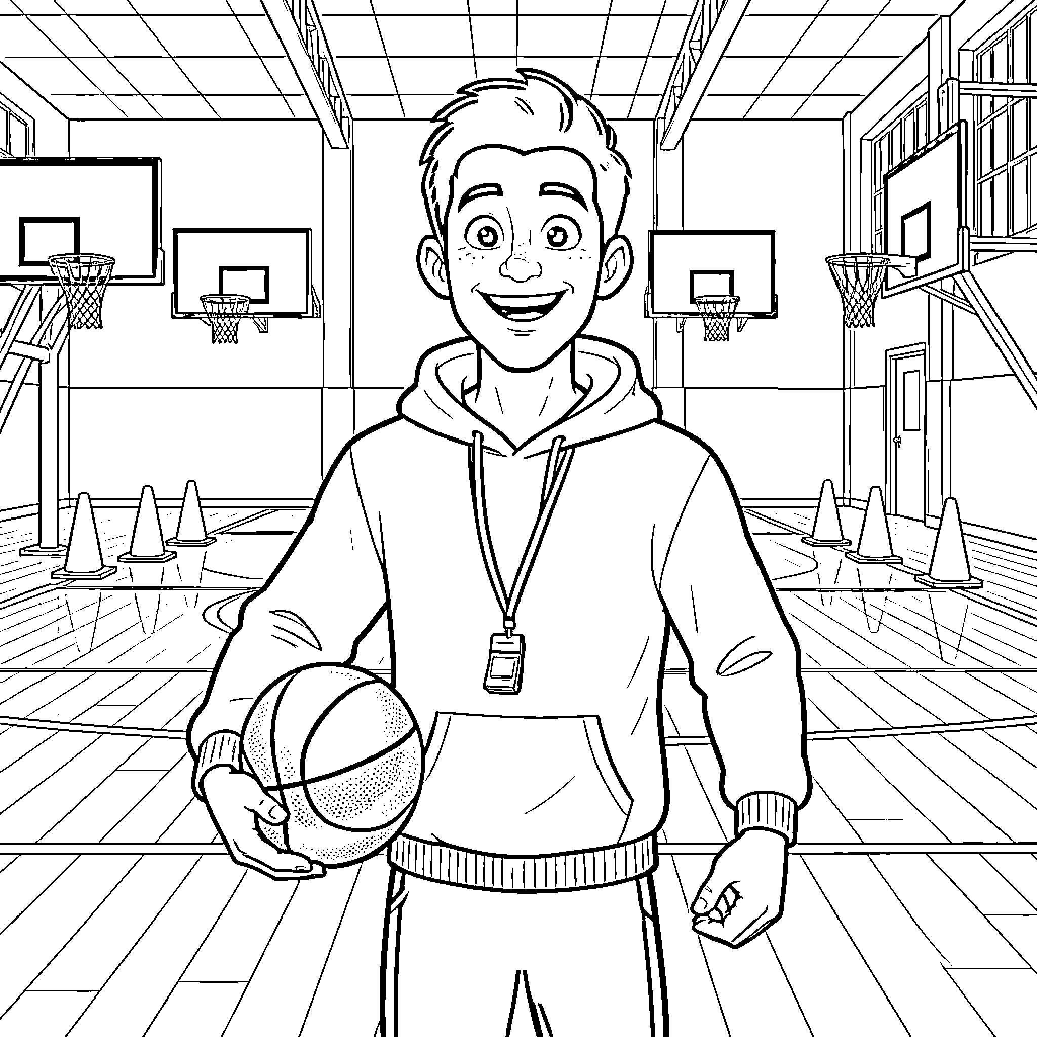 Professor smiling while holding a basketball in a gym Coloring Page (free black-and-white line drawing printable PDF for all, from beginners to advanced learners, including children, teens, adults, and seniors)