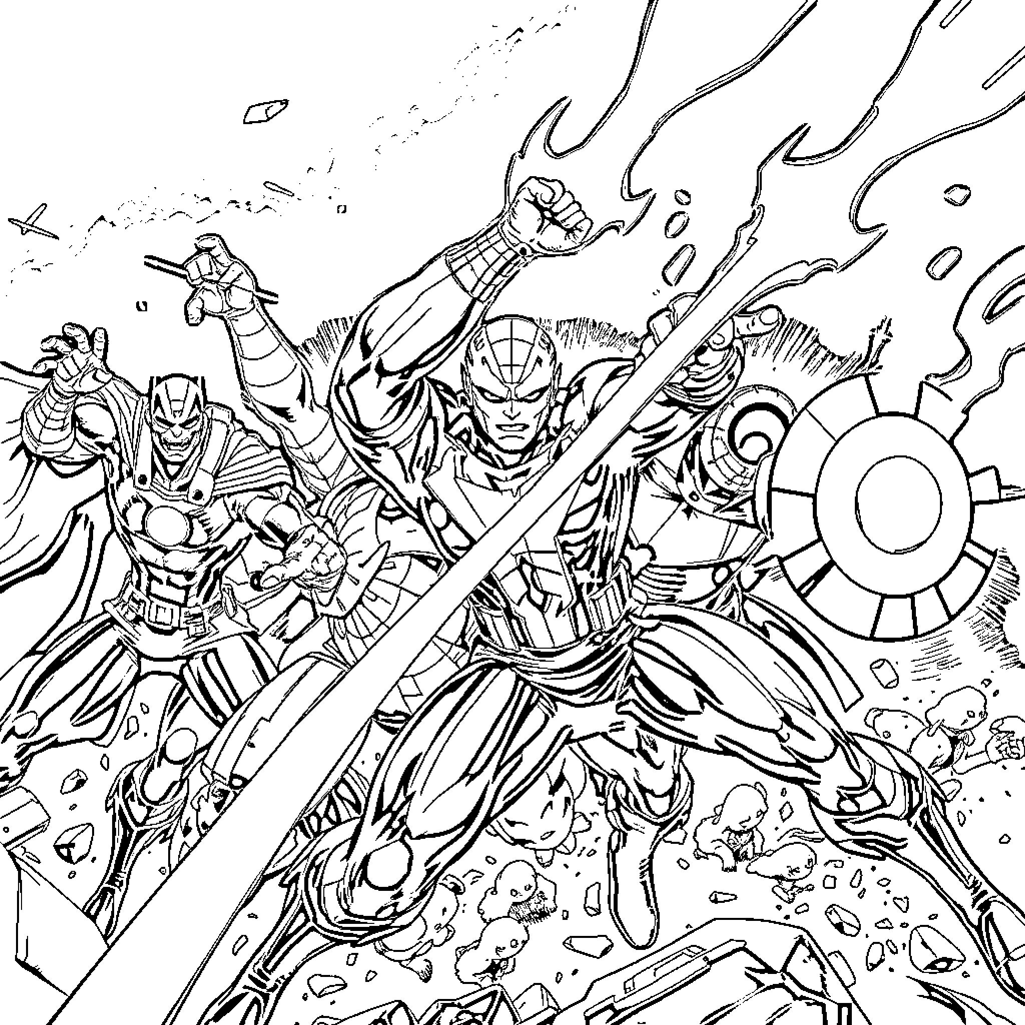 Marvel Heroes in Epic Battle with Cosmic Forces Coloring Page (free black-and-white line drawing printable PDF for all, from beginners to advanced learners, including children, teens, adults, and seniors)