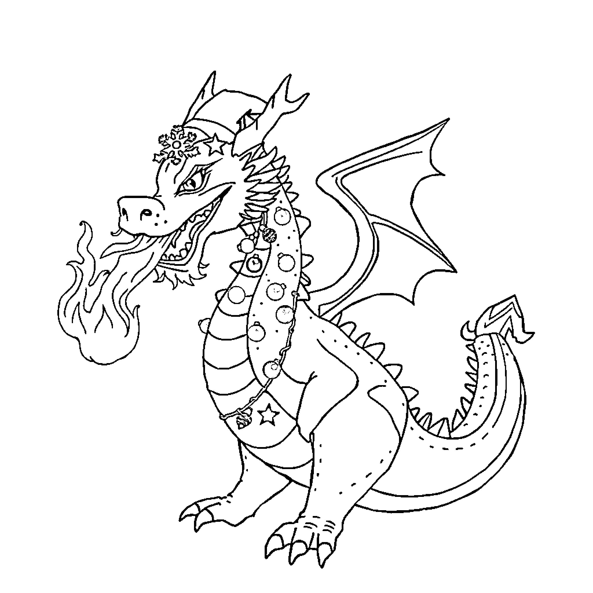 Dragon in Ornate Outfit and Pose Coloring Page (free black-and-white line drawing printable PDF for all, from beginners to advanced learners, including children, teens, adults, and seniors)