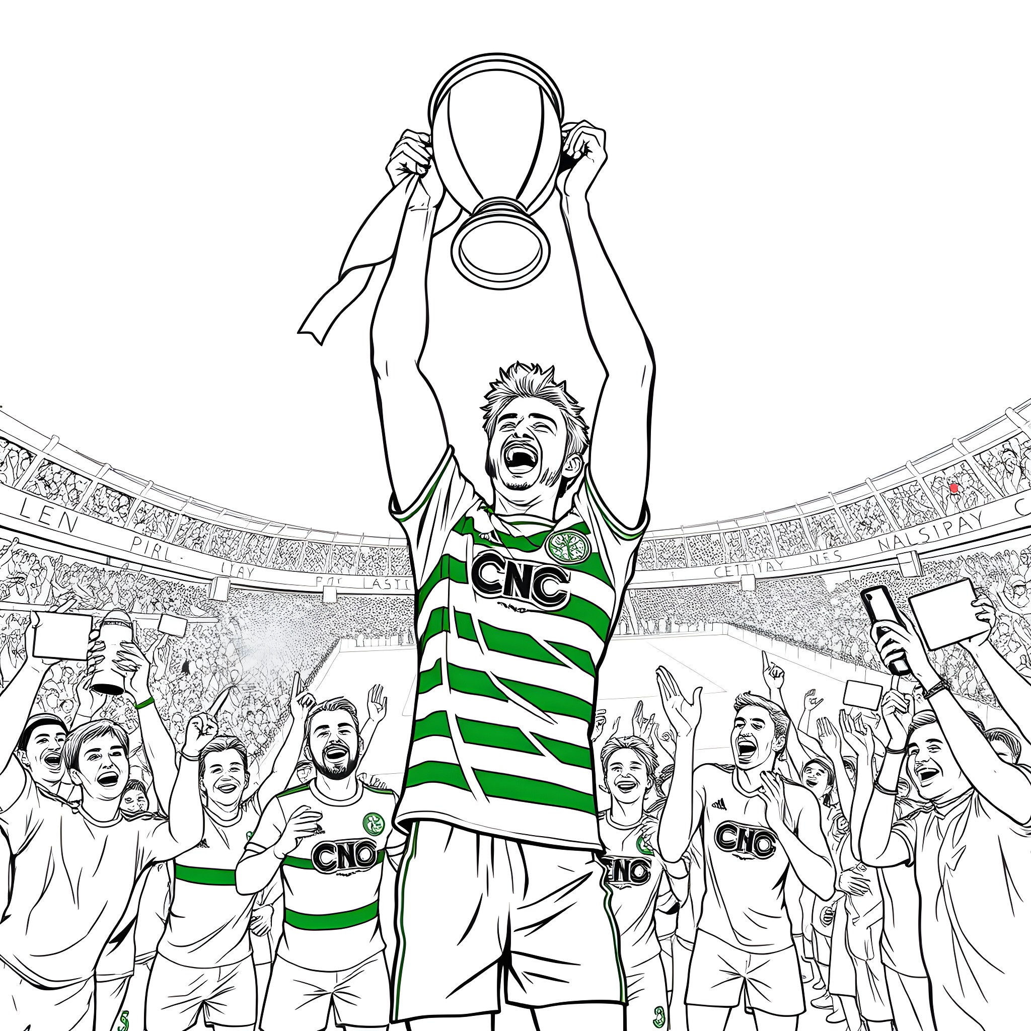 Celtic Football Club Player Celebrates Trophy Victory Coloring Page (free black-and-white line drawing printable PDF for all, from beginners to advanced learners, including children, teens, adults, and seniors)