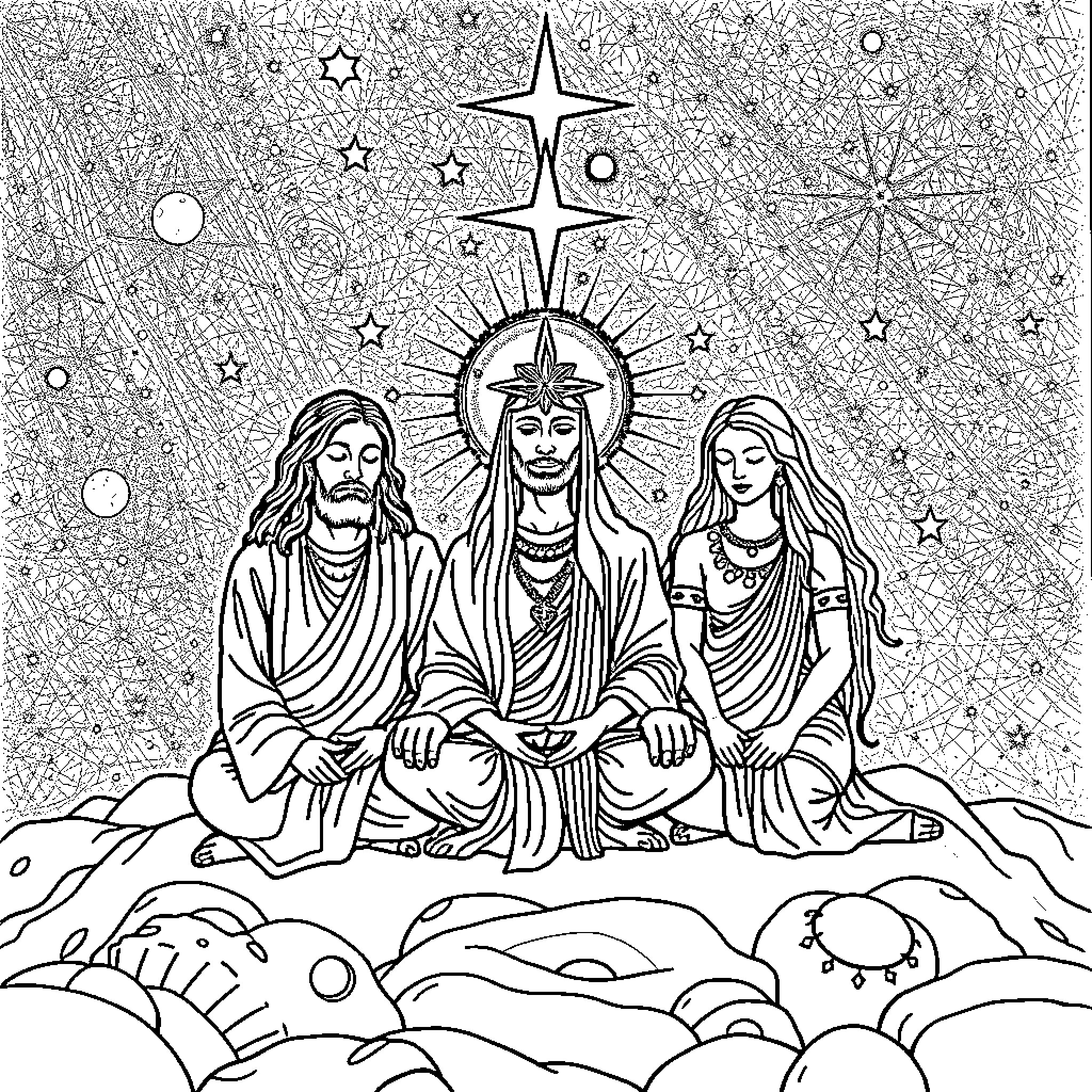 Jesus, the Holy Trinity, in celestial splendor Coloring Page (free black-and-white line drawing printable PDF for all, from beginners to advanced learners, including children, teens, adults, and seniors)