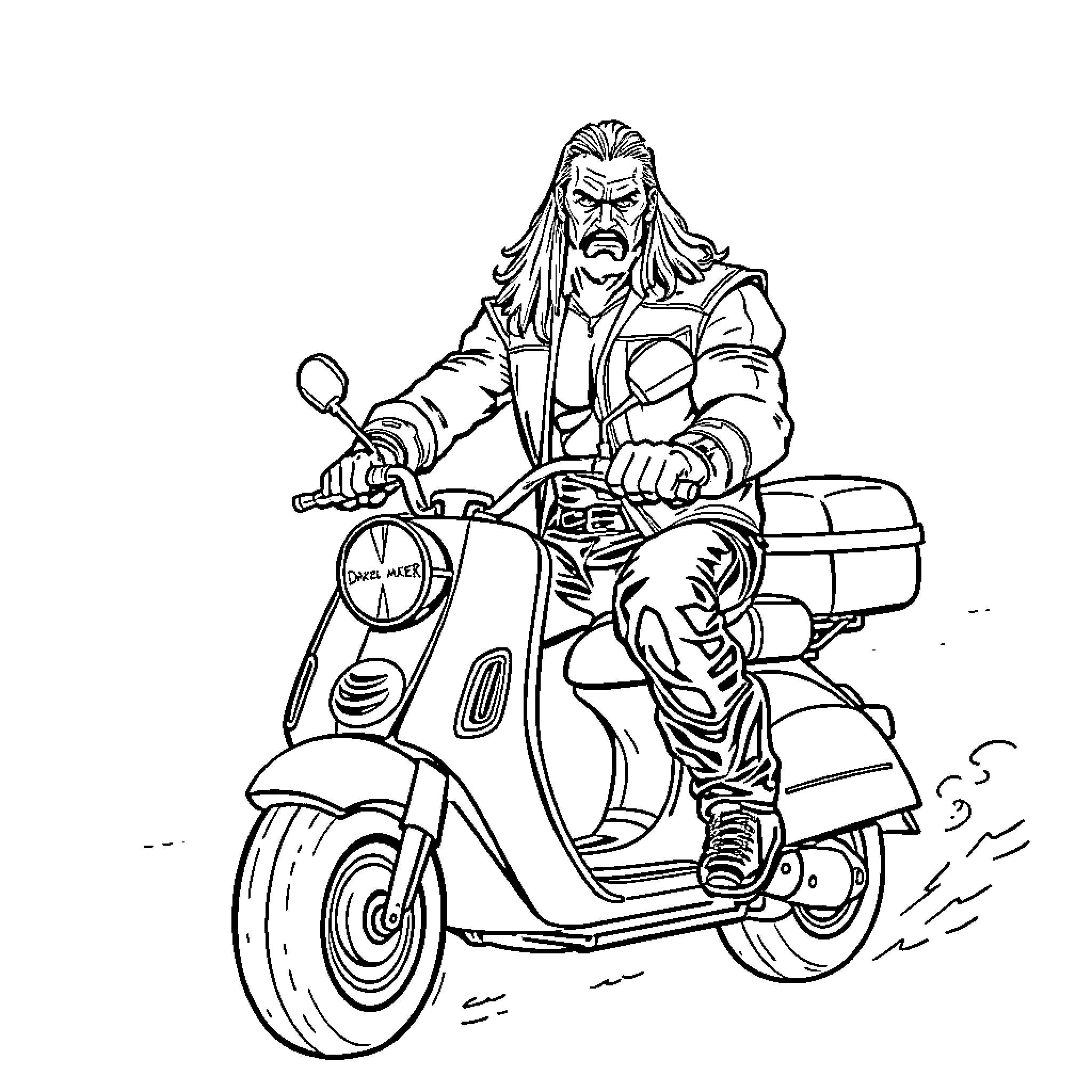 Wrestler riding a high-speed motorcycle on the road Coloring Page (free black-and-white line drawing printable PDF for all, from beginners to advanced learners, including children, teens, adults, and seniors)