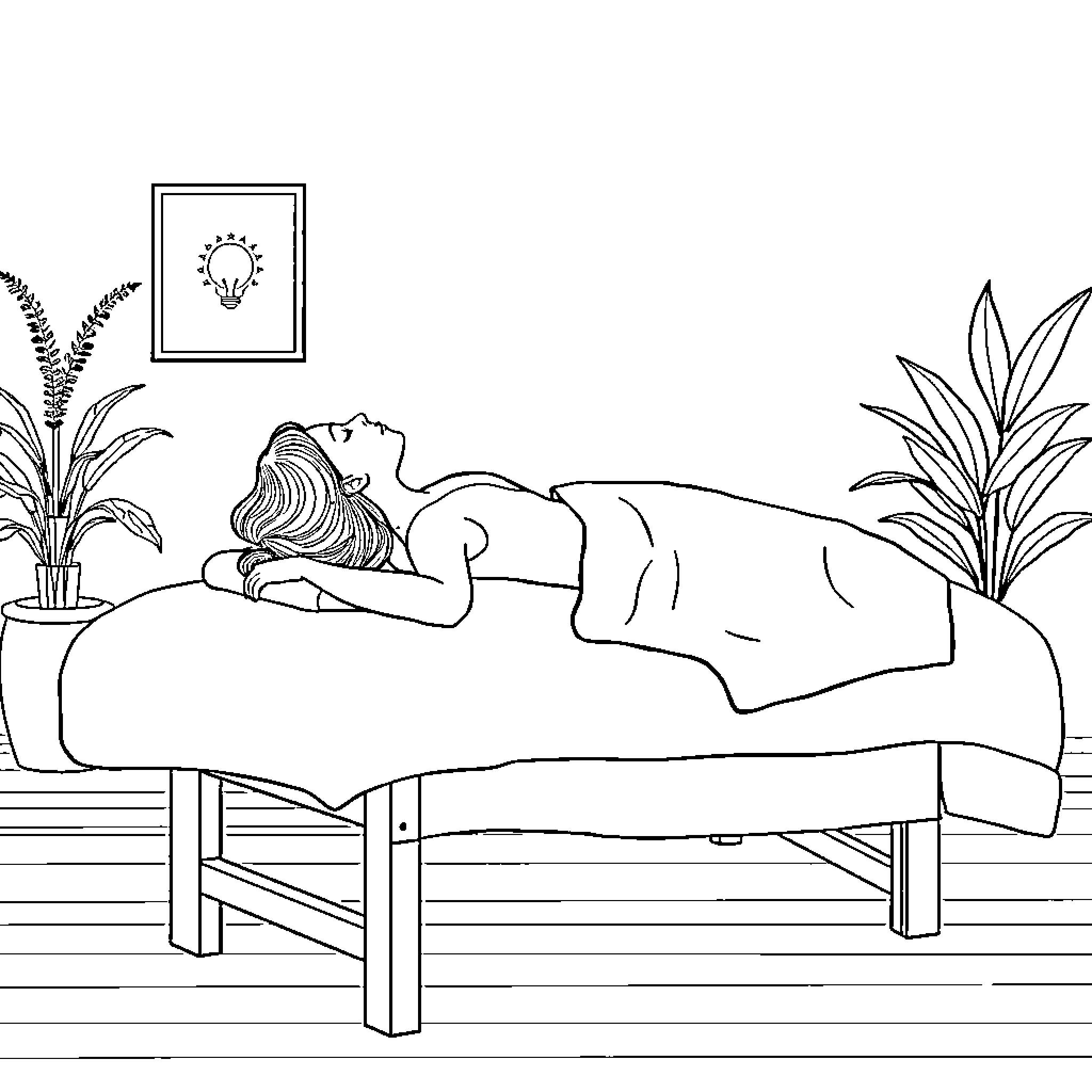 Woman resting peacefully on massage table Coloring Page (free black-and-white line drawing printable PDF for all, from beginners to advanced learners, including children, teens, adults, and seniors)
