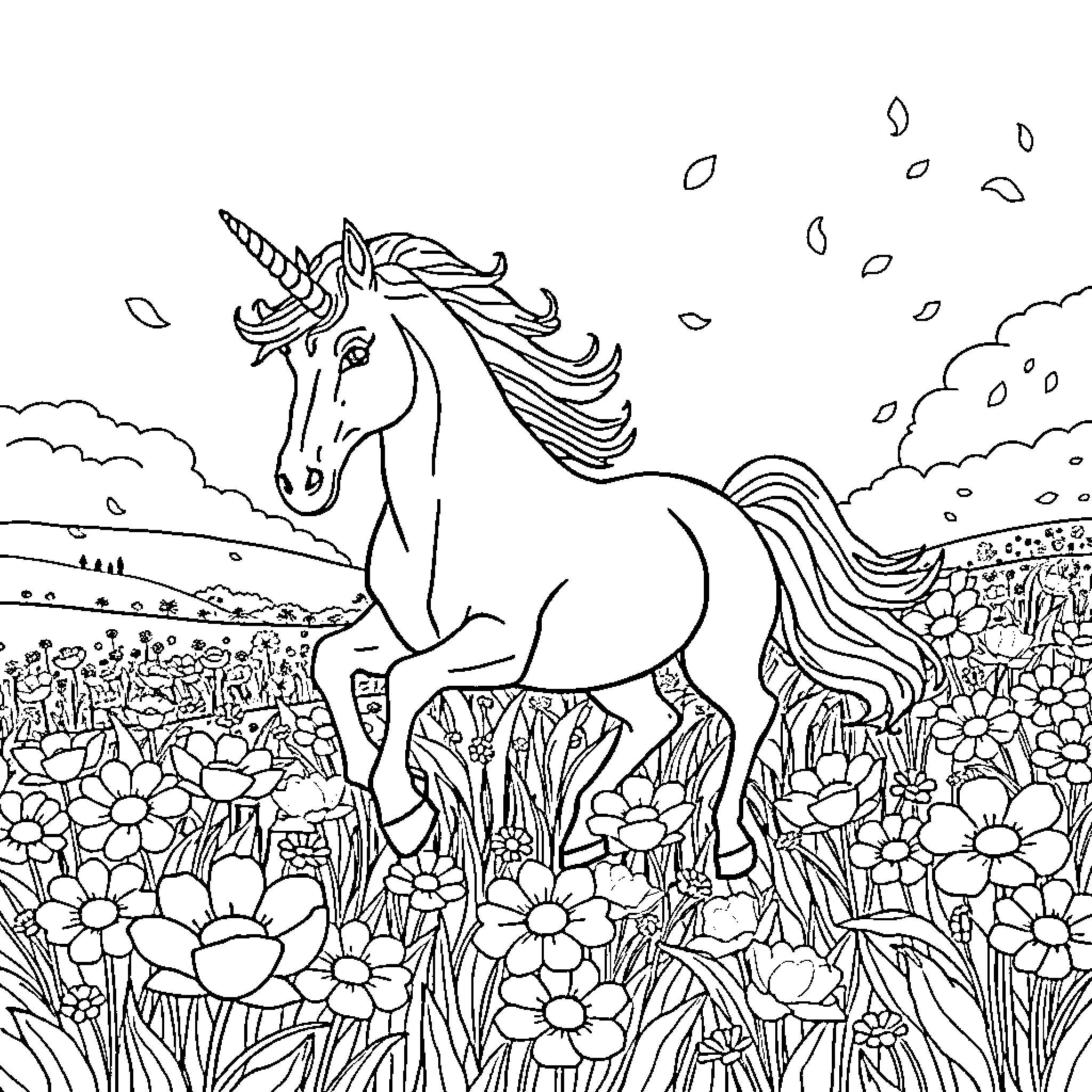Unicorn prancing gracefully in a magical floral meadow Coloring Page (free black-and-white line drawing printable PDF for all, from beginners to advanced learners, including children, teens, adults, and seniors)