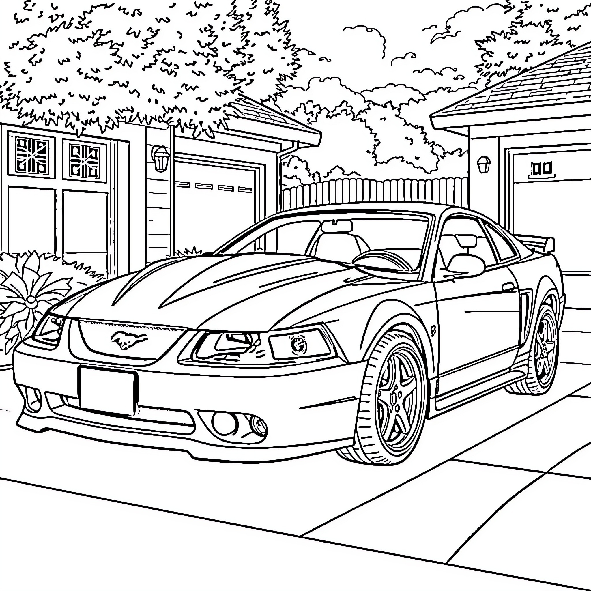 Ford Mustang parked in suburban neighborhood Coloring Page (free black-and-white line drawing printable PDF for all, from beginners to advanced learners, including children, teens, adults, and seniors)