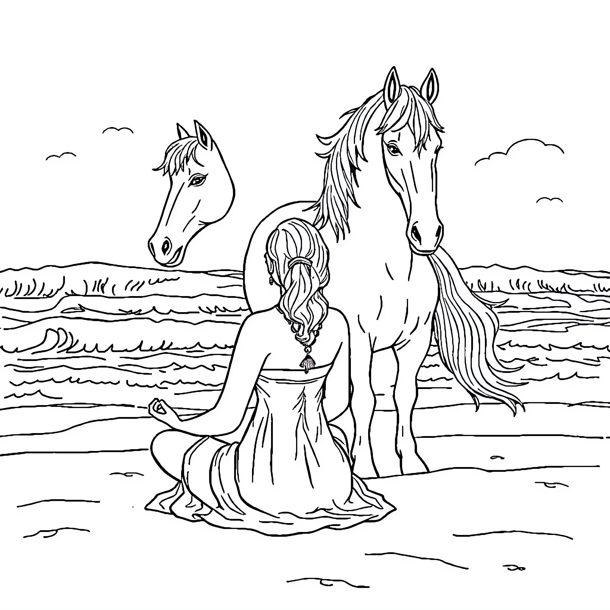 Person and Horse Enjoying Peaceful Outdoors Coloring Page (free black-and-white line drawing printable PDF for all, from beginners to advanced learners, including children, teens, adults, and seniors)