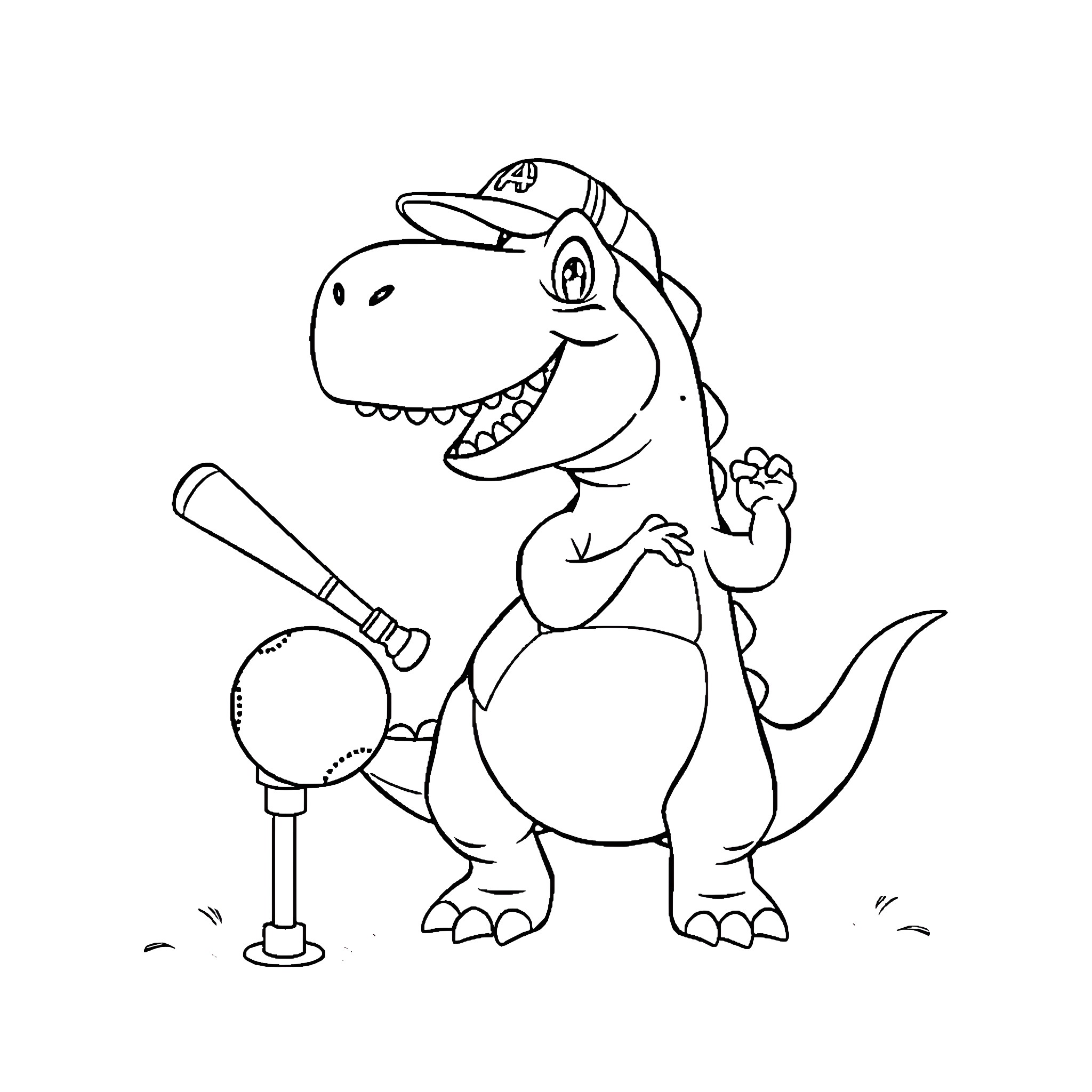 T-Rex Playing Baseball with Enthusiasm Coloring Page (free black-and-white line drawing printable PDF for all, from beginners to advanced learners, including children, teens, adults, and seniors)