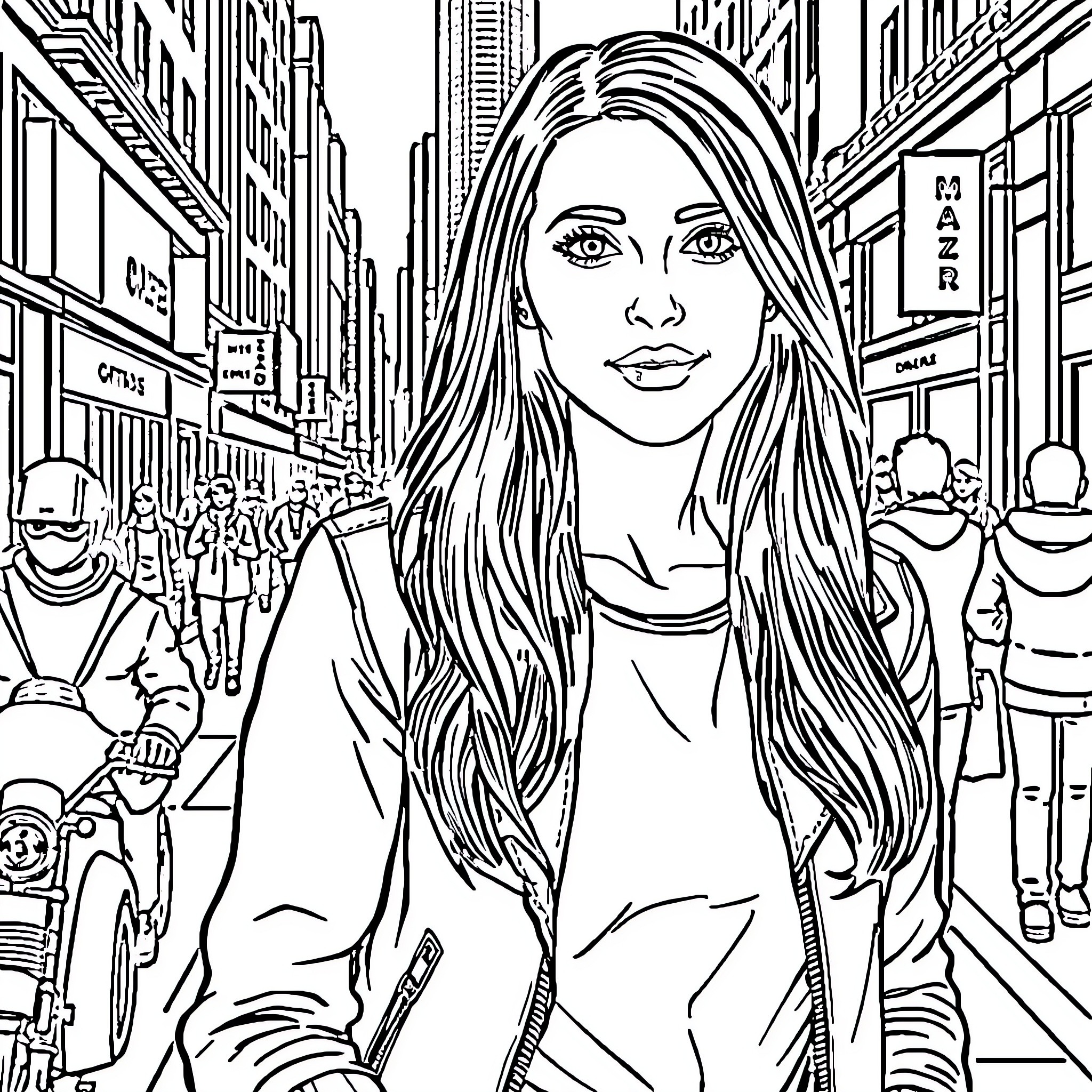 Elisa Maza exploring the bustling city streets Coloring Page (free black-and-white line drawing printable PDF for all, from beginners to advanced learners, including children, teens, adults, and seniors)