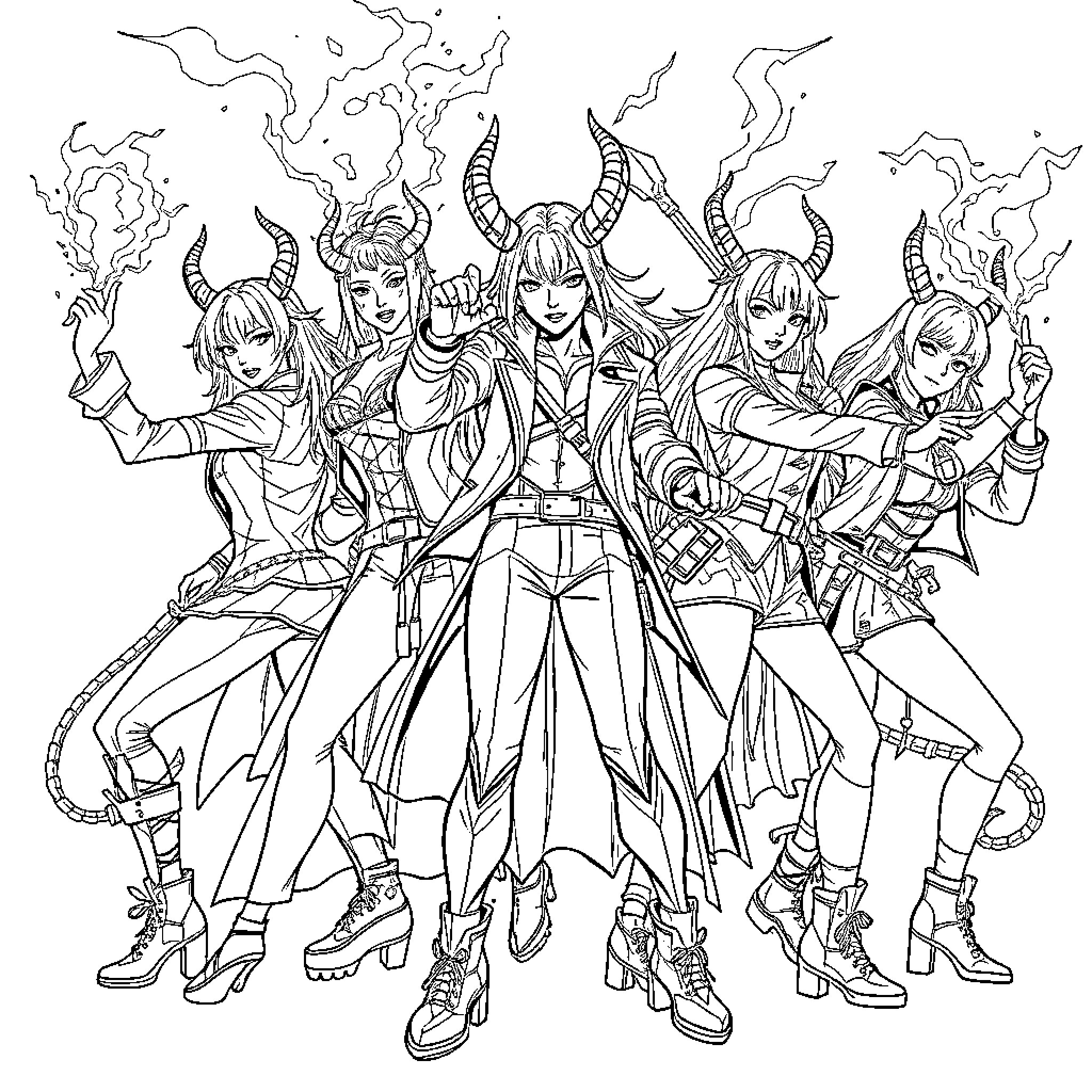 Demon Hunters in Fierce Battle Formation Coloring Page (free black-and-white line drawing printable PDF for all, from beginners to advanced learners, including children, teens, adults, and seniors)