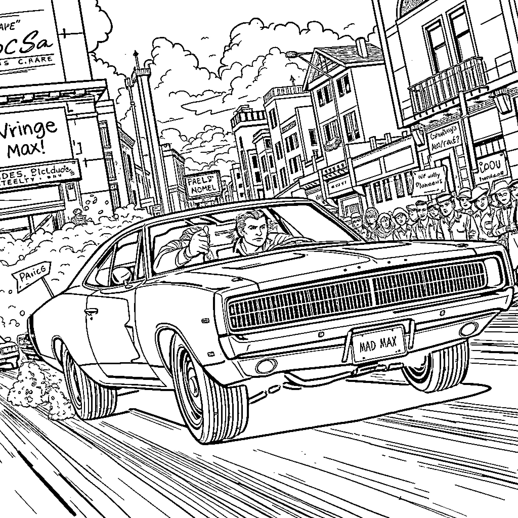 Mad Max speeding through a chaotic city street Coloring Page (free black-and-white line drawing printable PDF for all, from beginners to advanced learners, including children, teens, adults, and seniors)