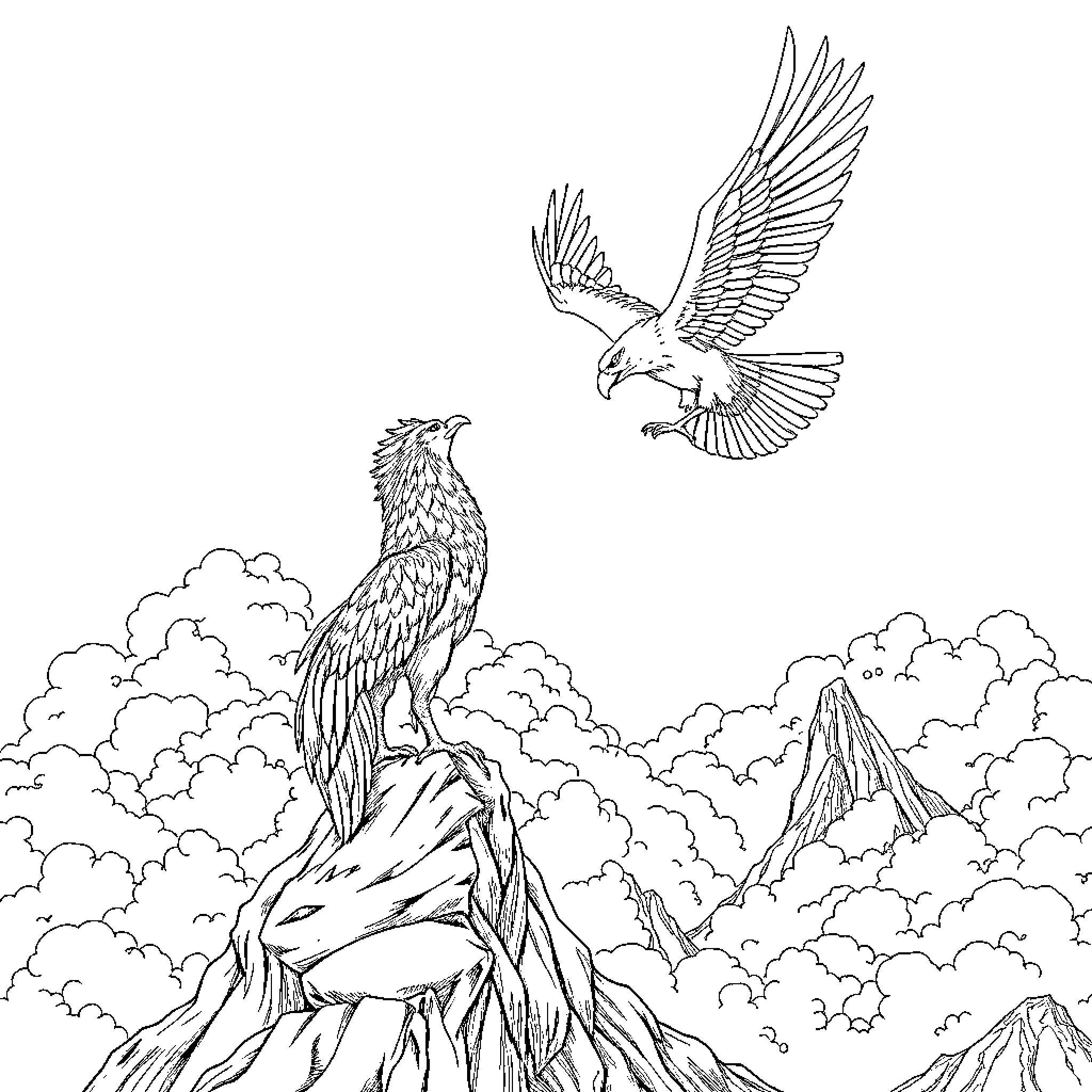Chocobo soaring high above majestic mountain peaks Coloring Page (free black-and-white line drawing printable PDF for all, from beginners to advanced learners, including children, teens, adults, and seniors)