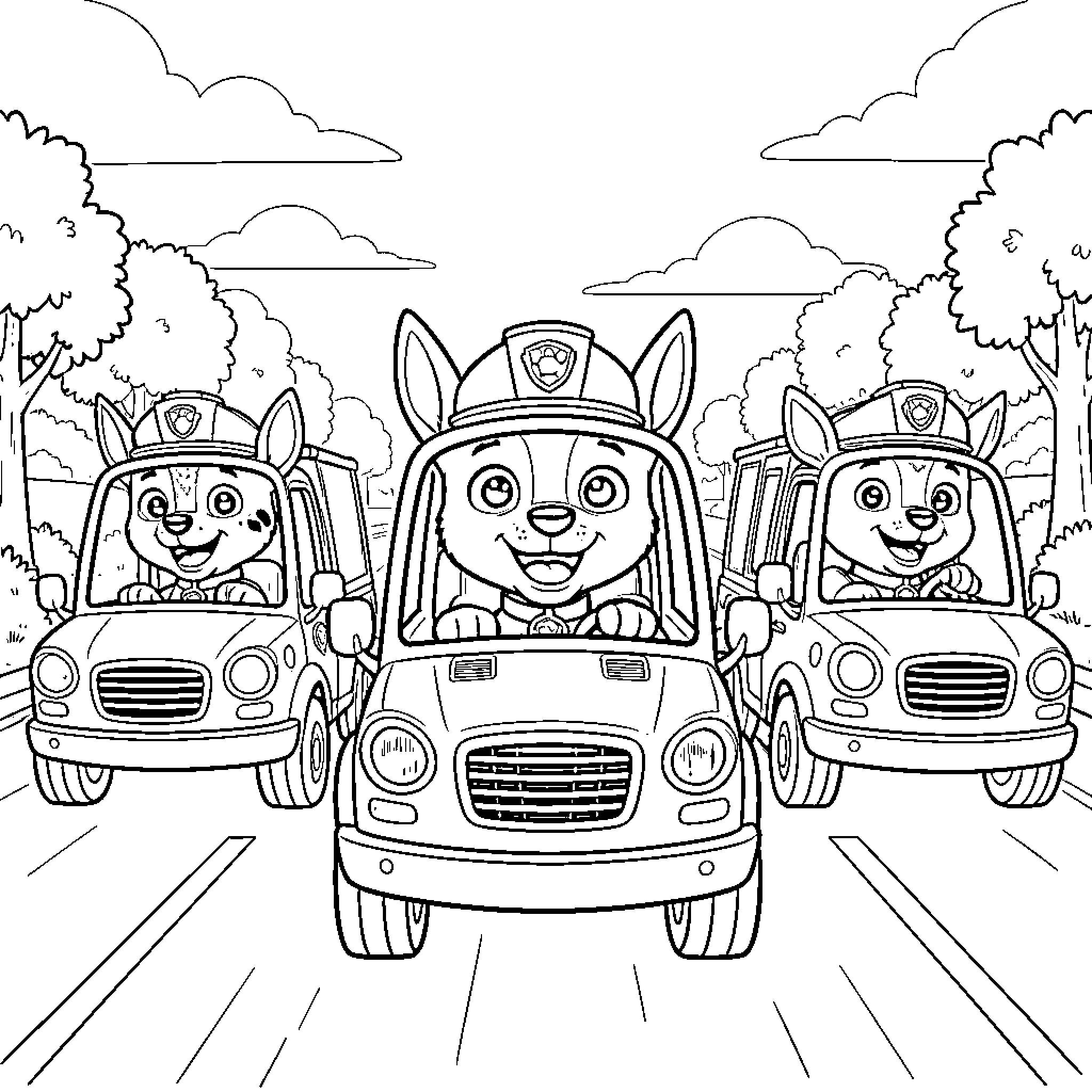 Dogs driving vehicles in a cartoon scene Coloring Page (free black-and-white line drawing printable PDF for all, from beginners to advanced learners, including children, teens, adults, and seniors)