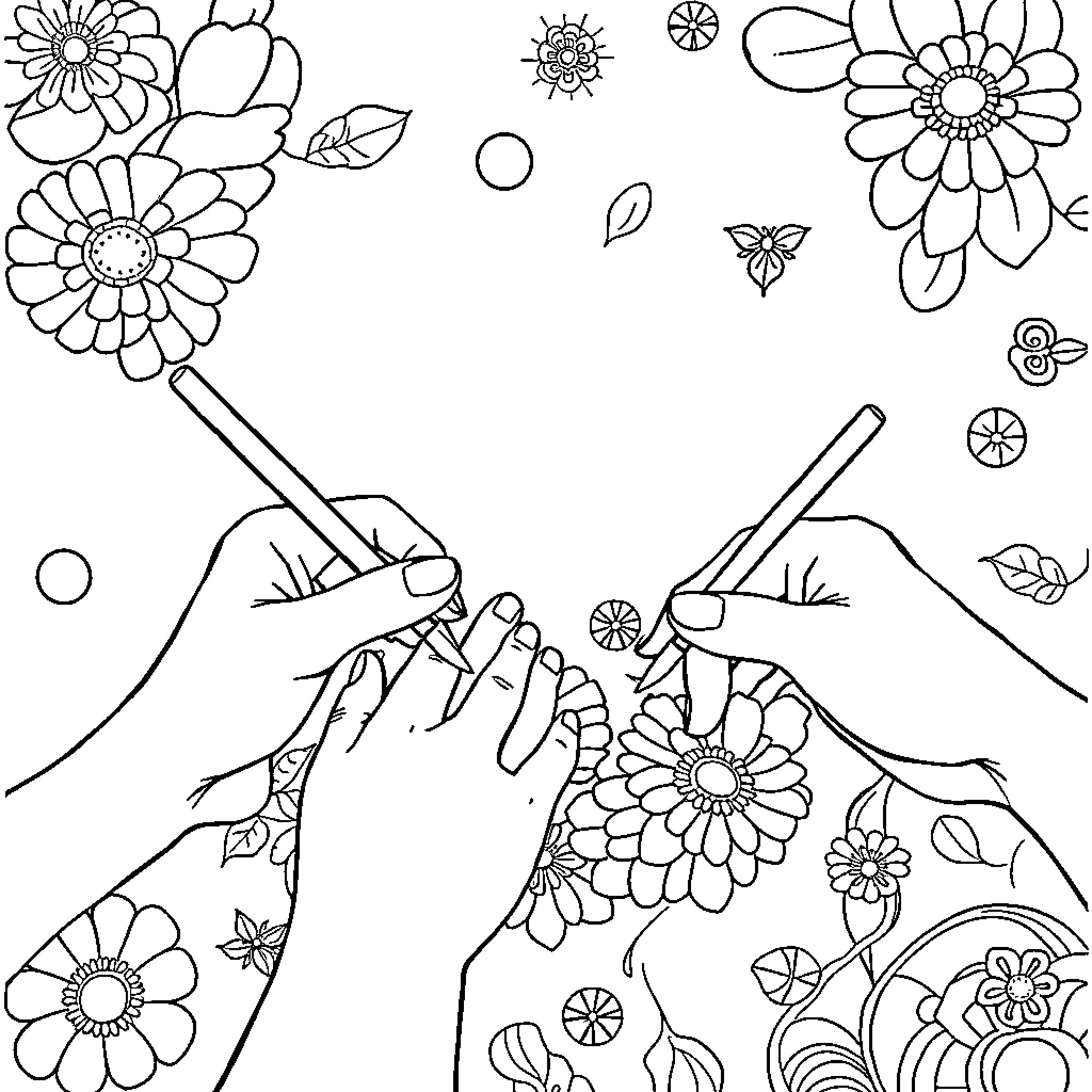 Hands Coloring Flowers and Nature Coloring Page (free black-and-white line drawing printable PDF for all, from beginners to advanced learners, including children, teens, adults, and seniors)