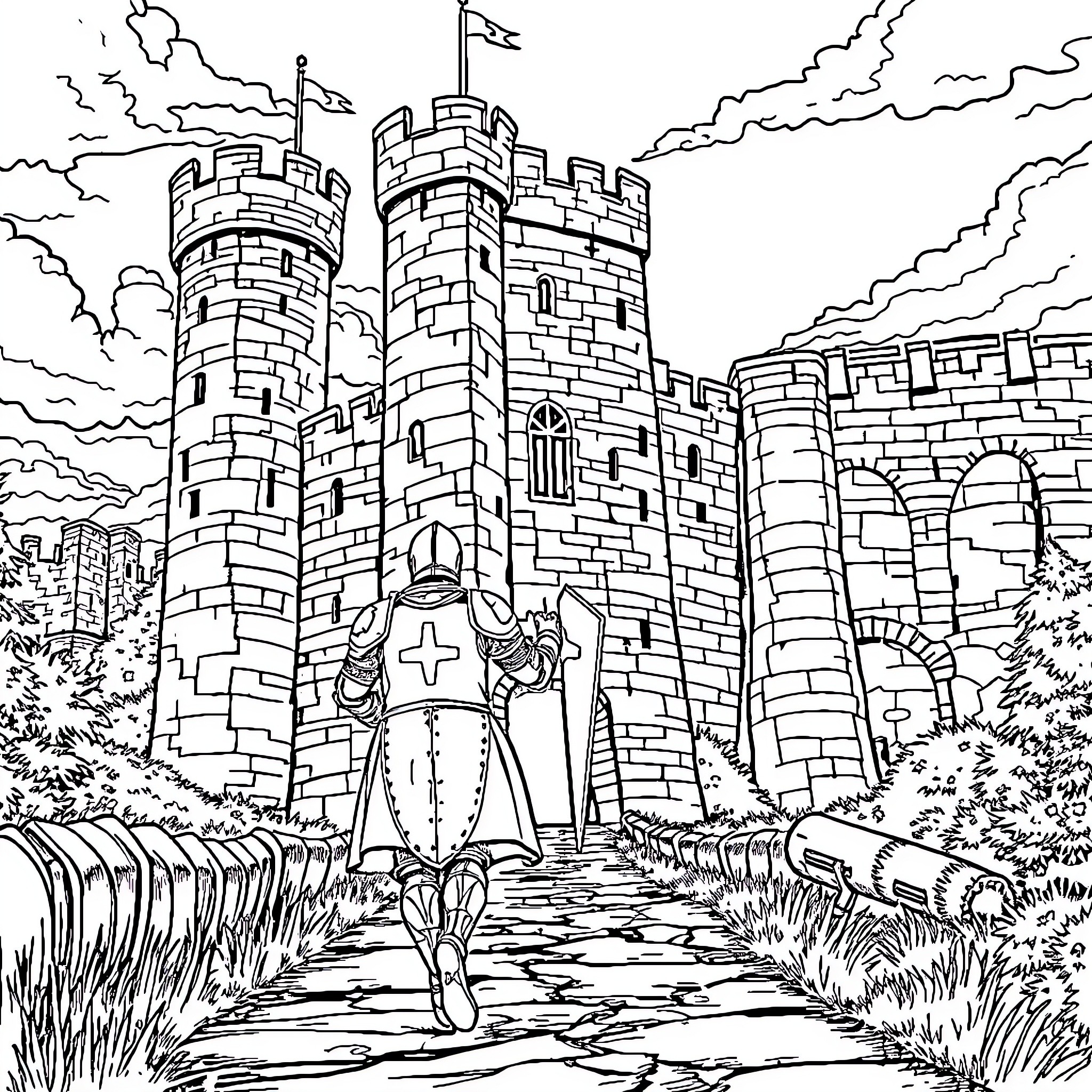 Knight approaching the grand castle gates Coloring Page (free black-and-white line drawing printable PDF for all, from beginners to advanced learners, including children, teens, adults, and seniors)