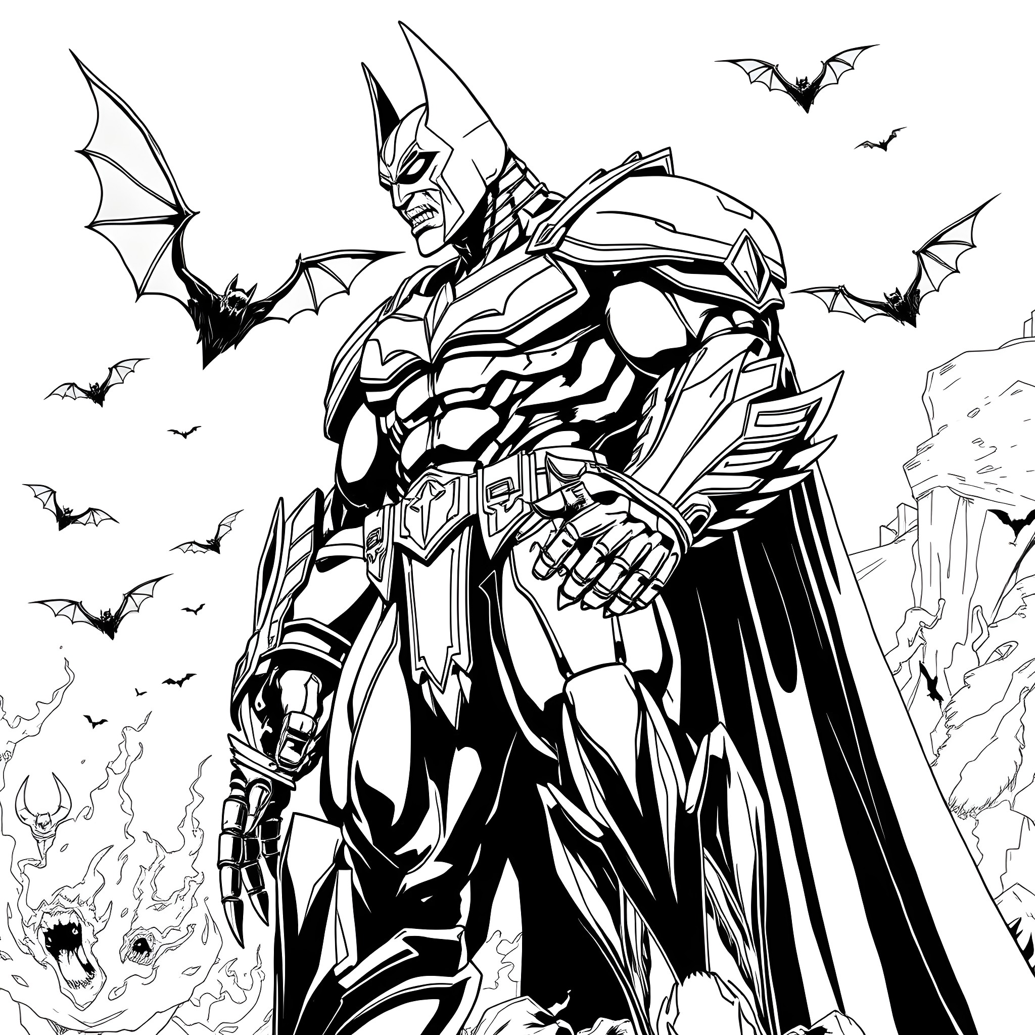Batman battling against swarm of bats in dark, gritty scene Coloring Page (free black-and-white line drawing printable PDF for all, from beginners to advanced learners, including children, teens, adults, and seniors)