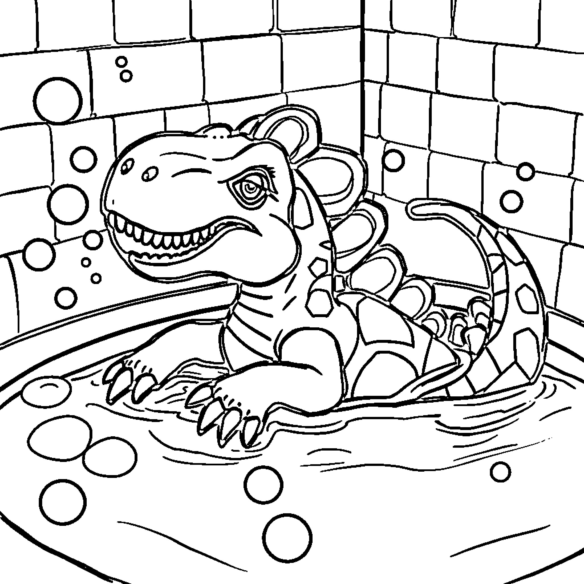 Dinosaur having fun in the bathtub Coloring Page (free black-and-white line drawing printable PDF for all, from beginners to advanced learners, including children, teens, adults, and seniors)