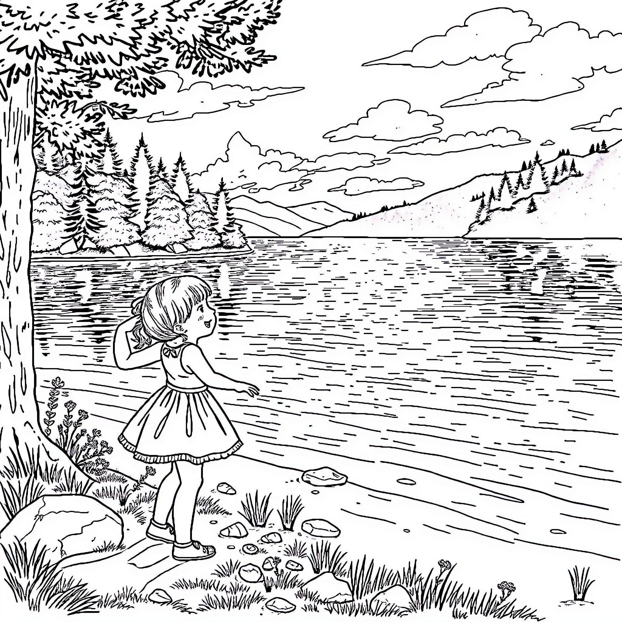 Girl exploring the tranquil lakeside landscape Coloring Page (free black-and-white line drawing printable PDF for all, from beginners to advanced learners, including children, teens, adults, and seniors)