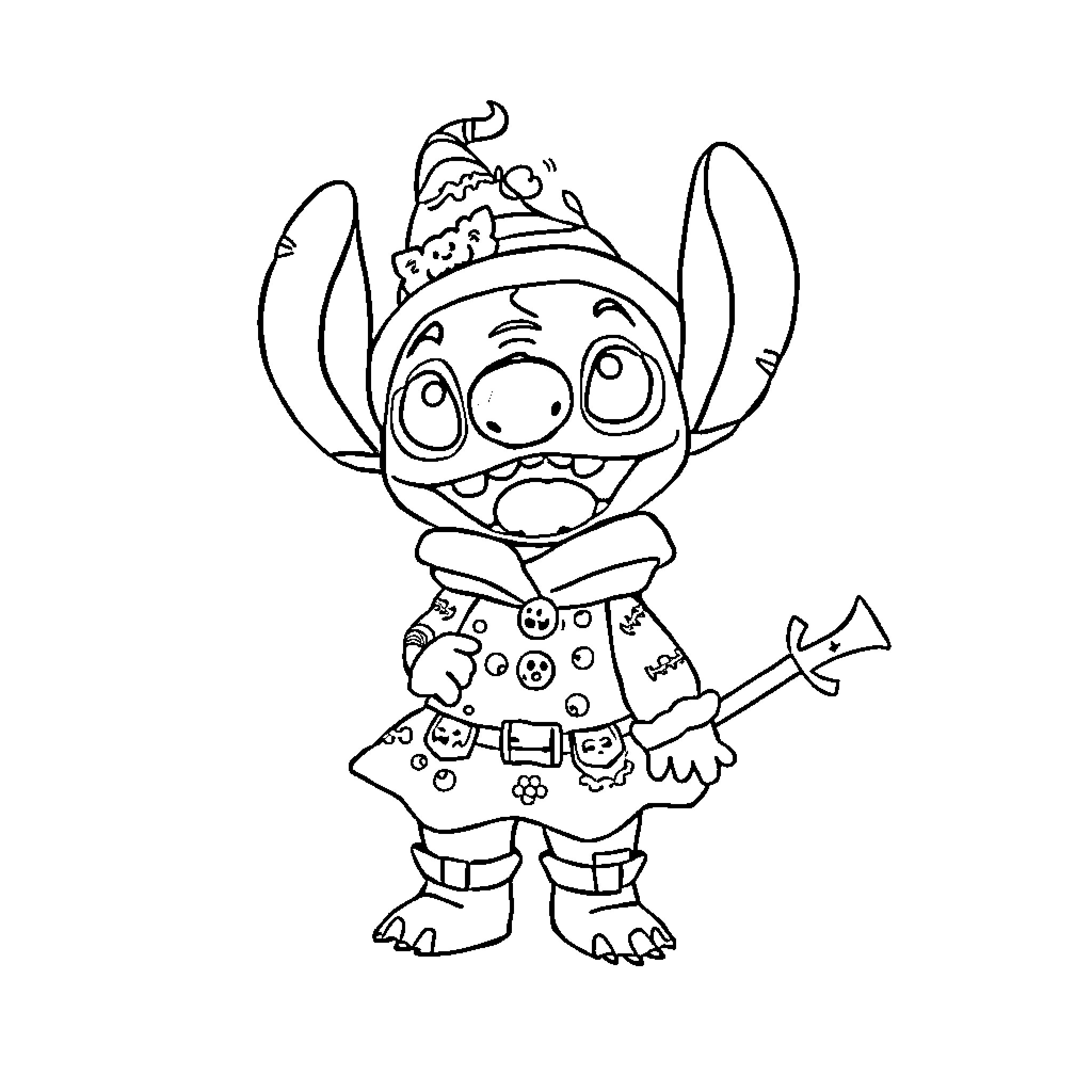 Stitch dressed in whimsical attire Coloring Page (free black-and-white line drawing printable PDF for all, from beginners to advanced learners, including children, teens, adults, and seniors)