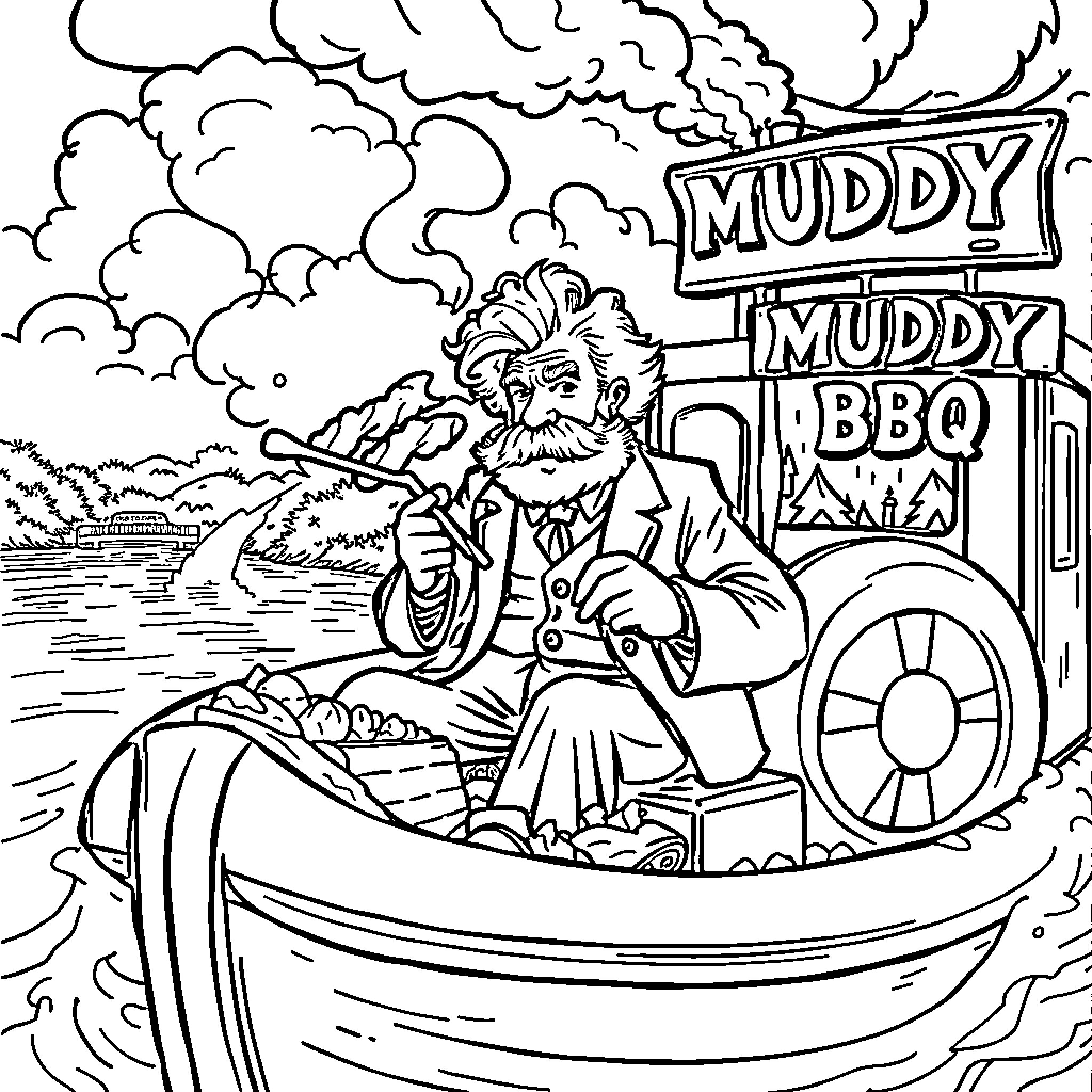 Mark Twain's Riverboat Adventures Coloring Page (free black-and-white line drawing printable PDF for all, from beginners to advanced learners, including children, teens, adults, and seniors)
