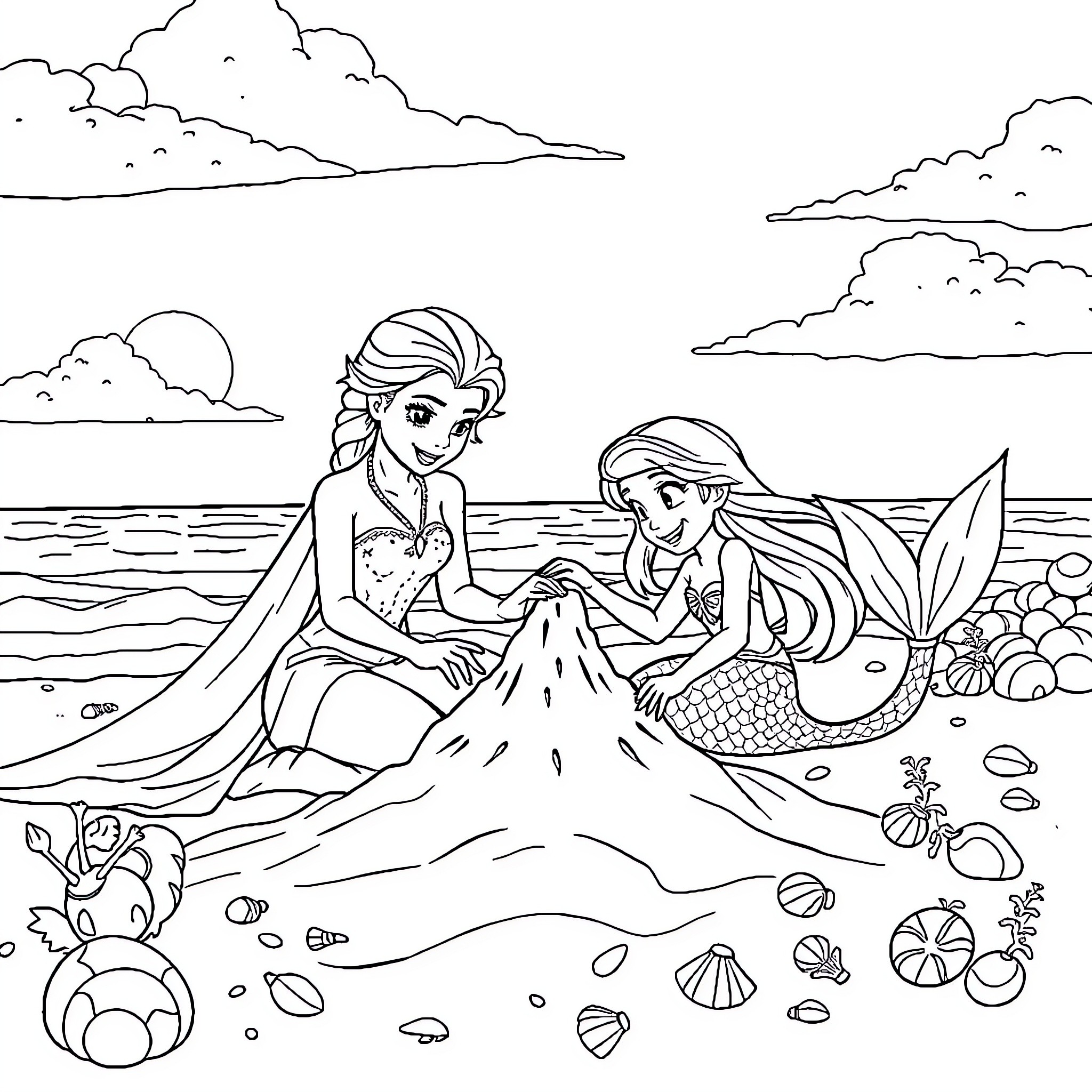 Elsa and Ariel explore the beach together Coloring Page (free black-and-white line drawing printable PDF for all, from beginners to advanced learners, including children, teens, adults, and seniors)