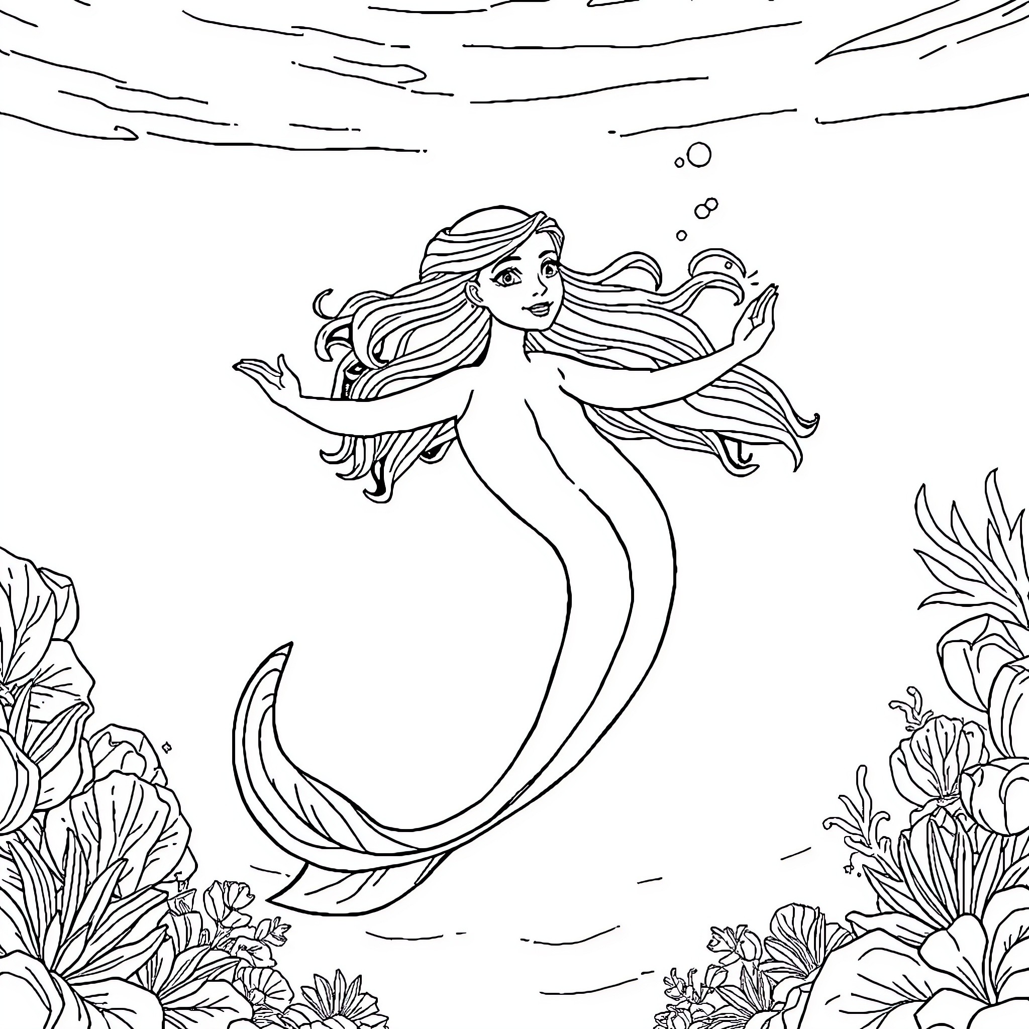 Mermaid swimming gracefully through underwater garden Coloring Page (free black-and-white line drawing printable PDF for all, from beginners to advanced learners, including children, teens, adults, and seniors)