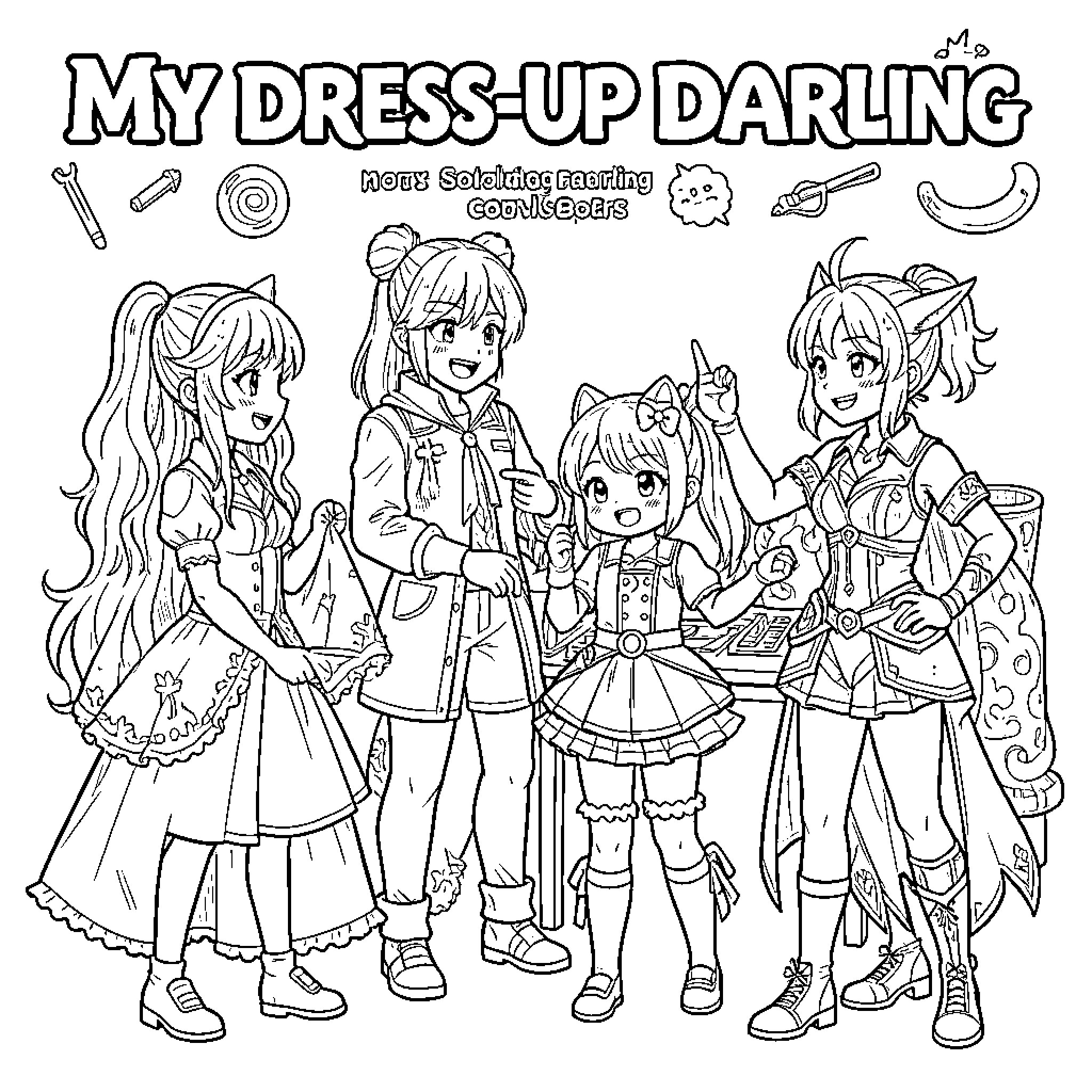 Dress Up Darling characters smiling in various outfits Coloring Page (free black-and-white line drawing printable PDF for all, from beginners to advanced learners, including children, teens, adults, and seniors)