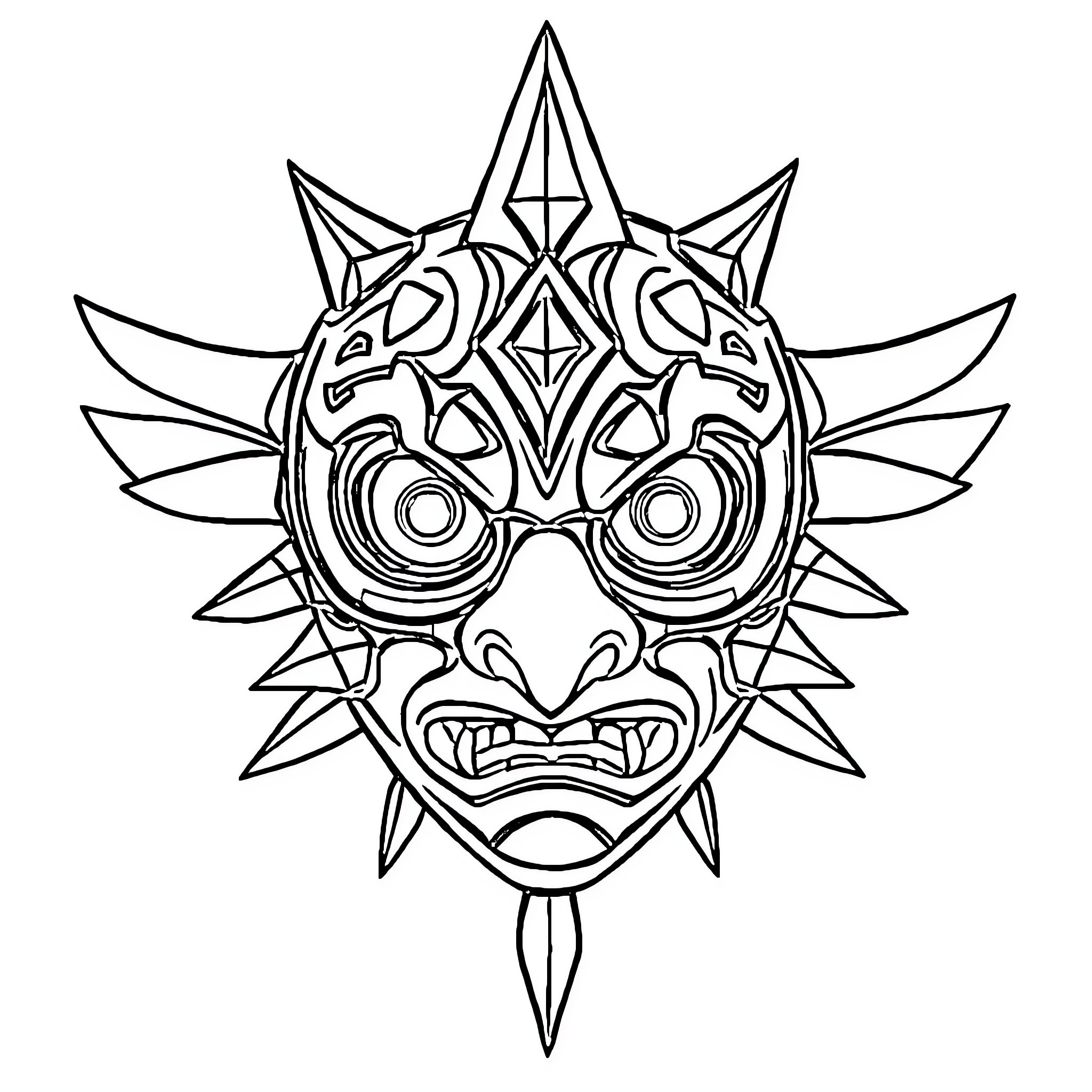 Majora's Mask - Intricate Tribal Mask Design Coloring Page (free black-and-white line drawing printable PDF for all, from beginners to advanced learners, including children, teens, adults, and seniors)