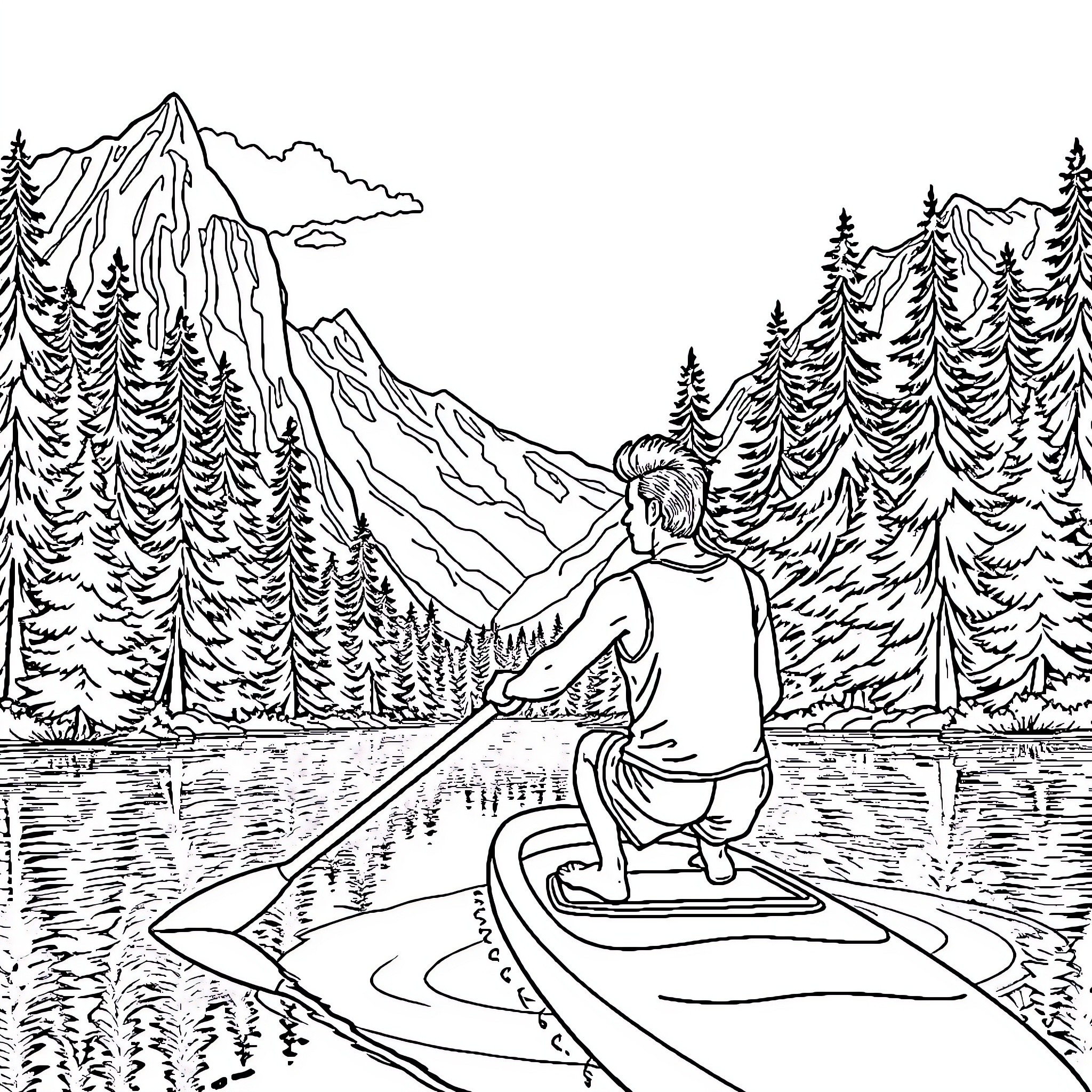Man rowing a boat on a scenic mountain lake Coloring Page (free black-and-white line drawing printable PDF for all, from beginners to advanced learners, including children, teens, adults, and seniors)