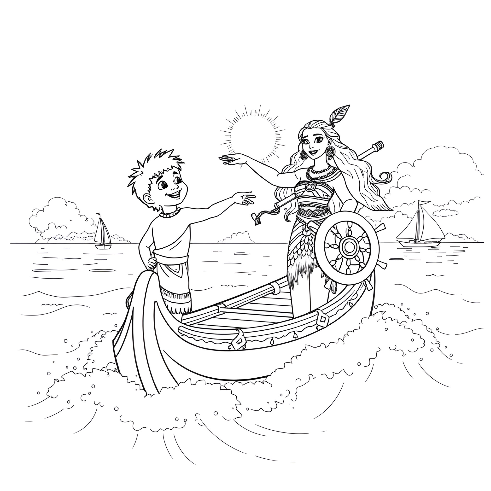 Moana's adventurous journey on the open sea Coloring Page (free black-and-white line drawing printable PDF for all, from beginners to advanced learners, including children, teens, adults, and seniors)