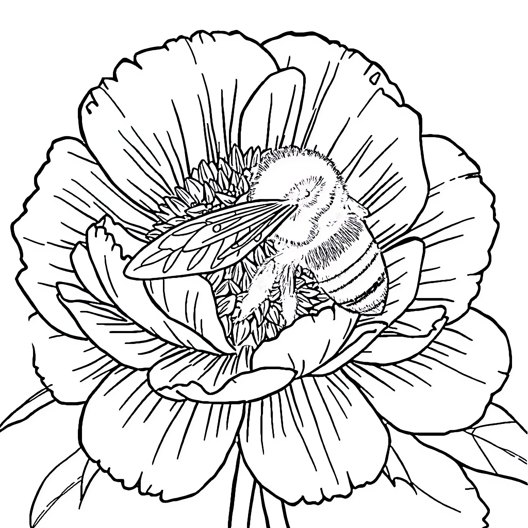 Bee pollinating a beautiful flower Coloring Page (free black-and-white line drawing printable PDF for all, from beginners to advanced learners, including children, teens, adults, and seniors)