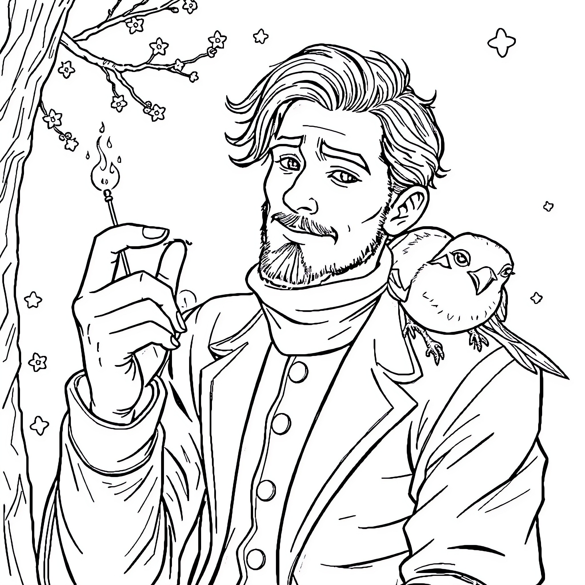 Mercredi Adams' Whimsical Encounter with Nature's Curiosities Coloring Page (free black-and-white line drawing printable PDF for all, from beginners to advanced learners, including children, teens, adults, and seniors)