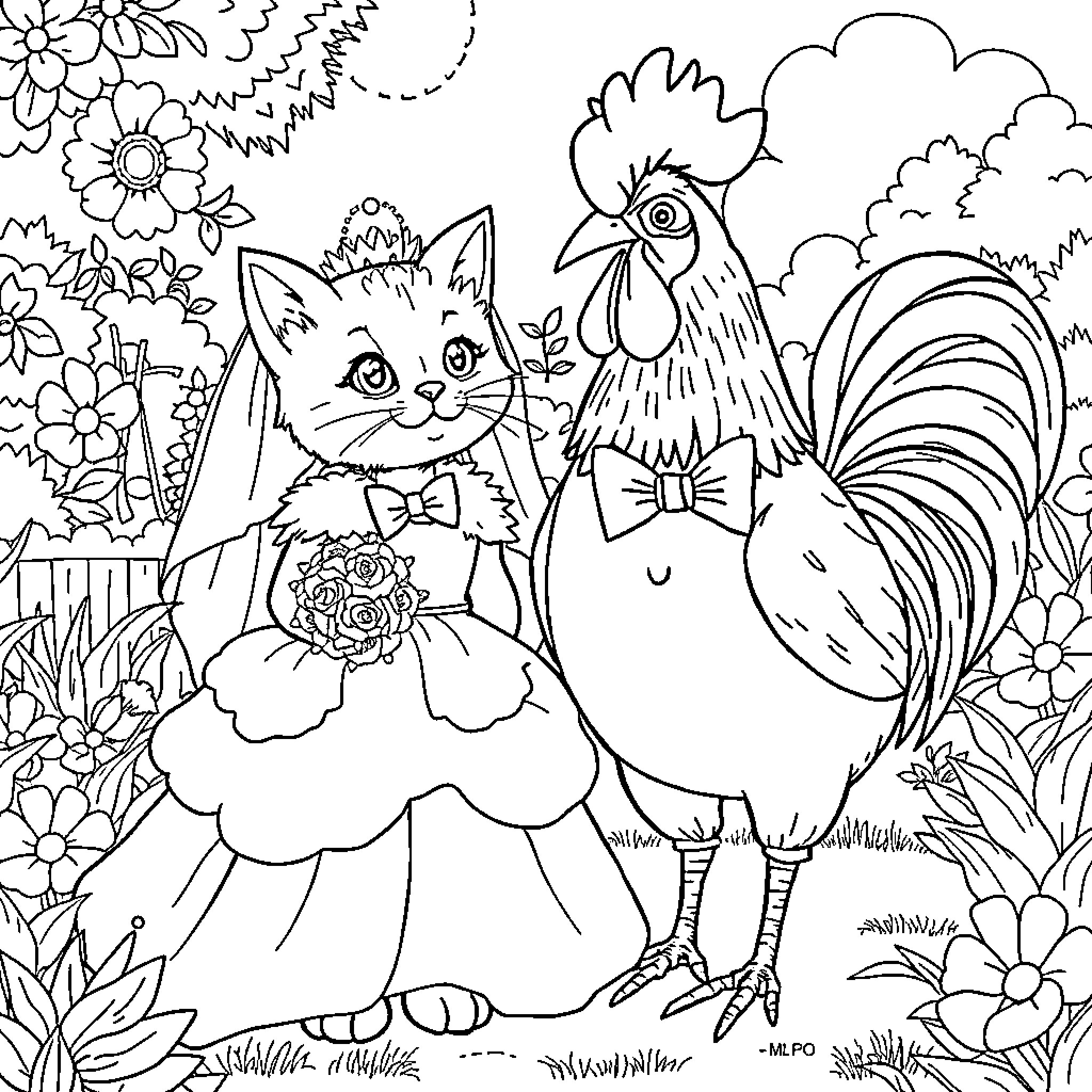 Cat and Rooster in a Floral Garden Coloring Page (free black-and-white line drawing printable PDF for all, from beginners to advanced learners, including children, teens, adults, and seniors)