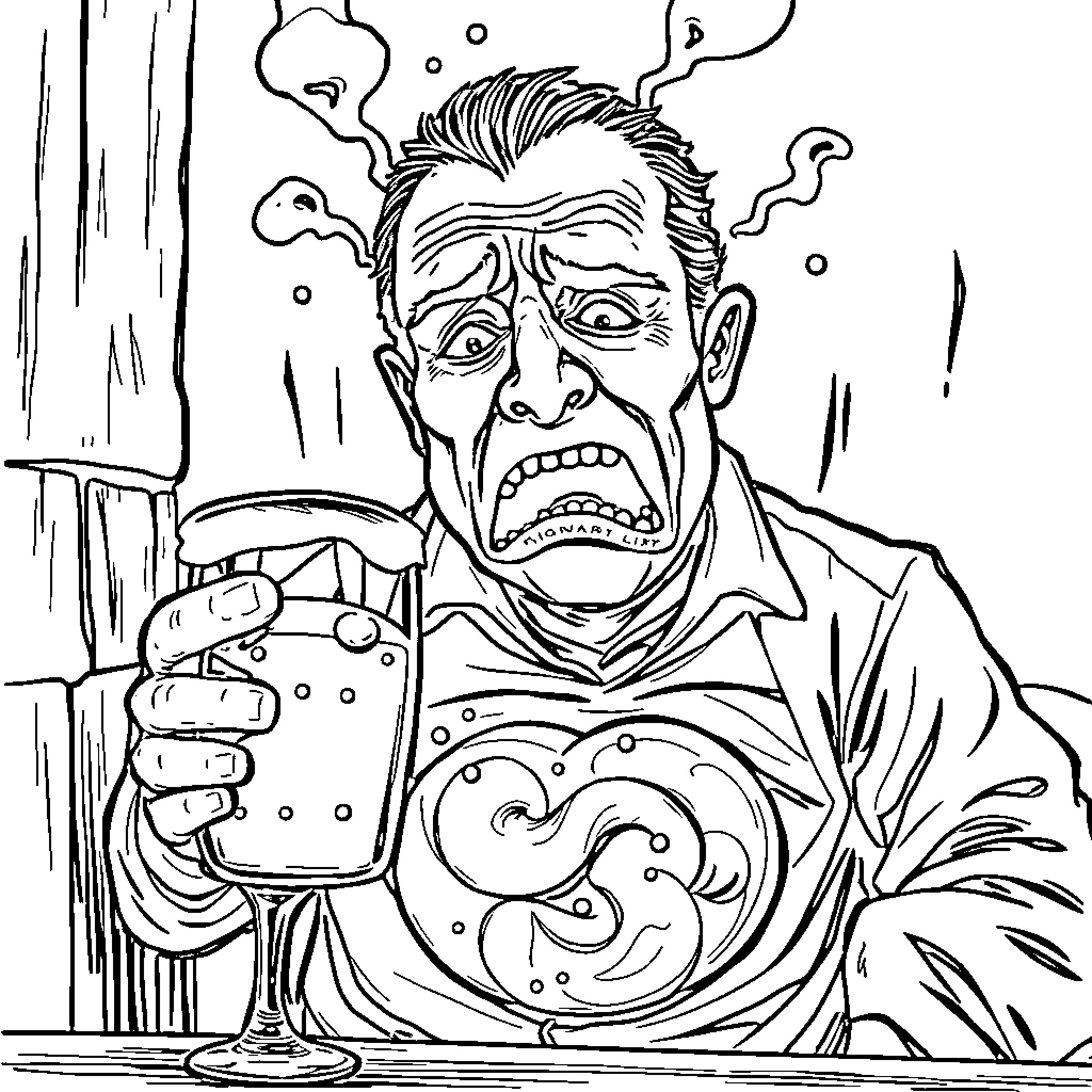 Hangover: Man with Disheveled Appearance and Drink Coloring Page (free black-and-white line drawing printable PDF for all, from beginners to advanced learners, including children, teens, adults, and seniors)