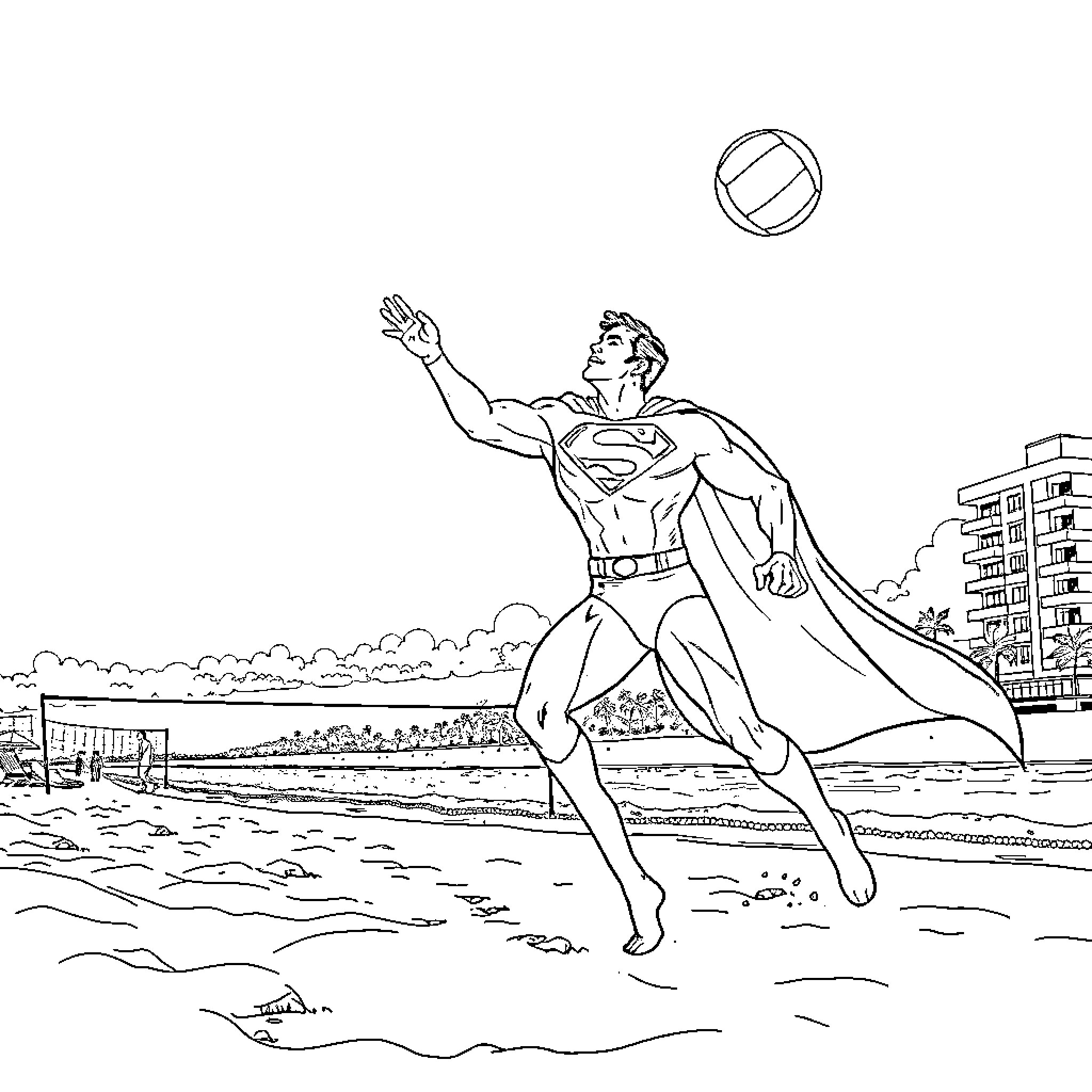 Superman saving the city in action Coloring Page (free black-and-white line drawing printable PDF for all, from beginners to advanced learners, including children, teens, adults, and seniors)