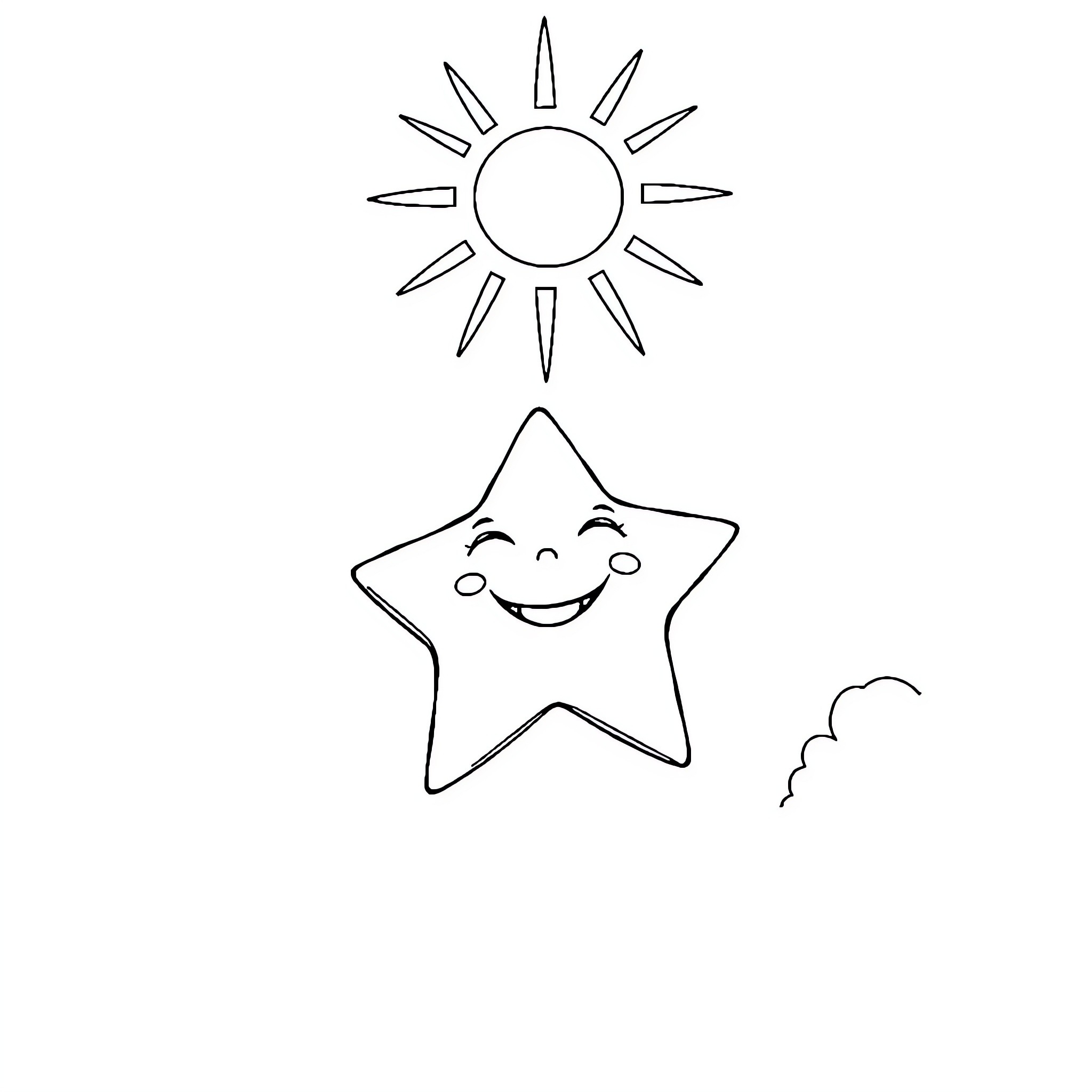 Star shining happily with sun in the sky Coloring Page (free black-and-white line drawing printable PDF for all, from beginners to advanced learners, including children, teens, adults, and seniors)